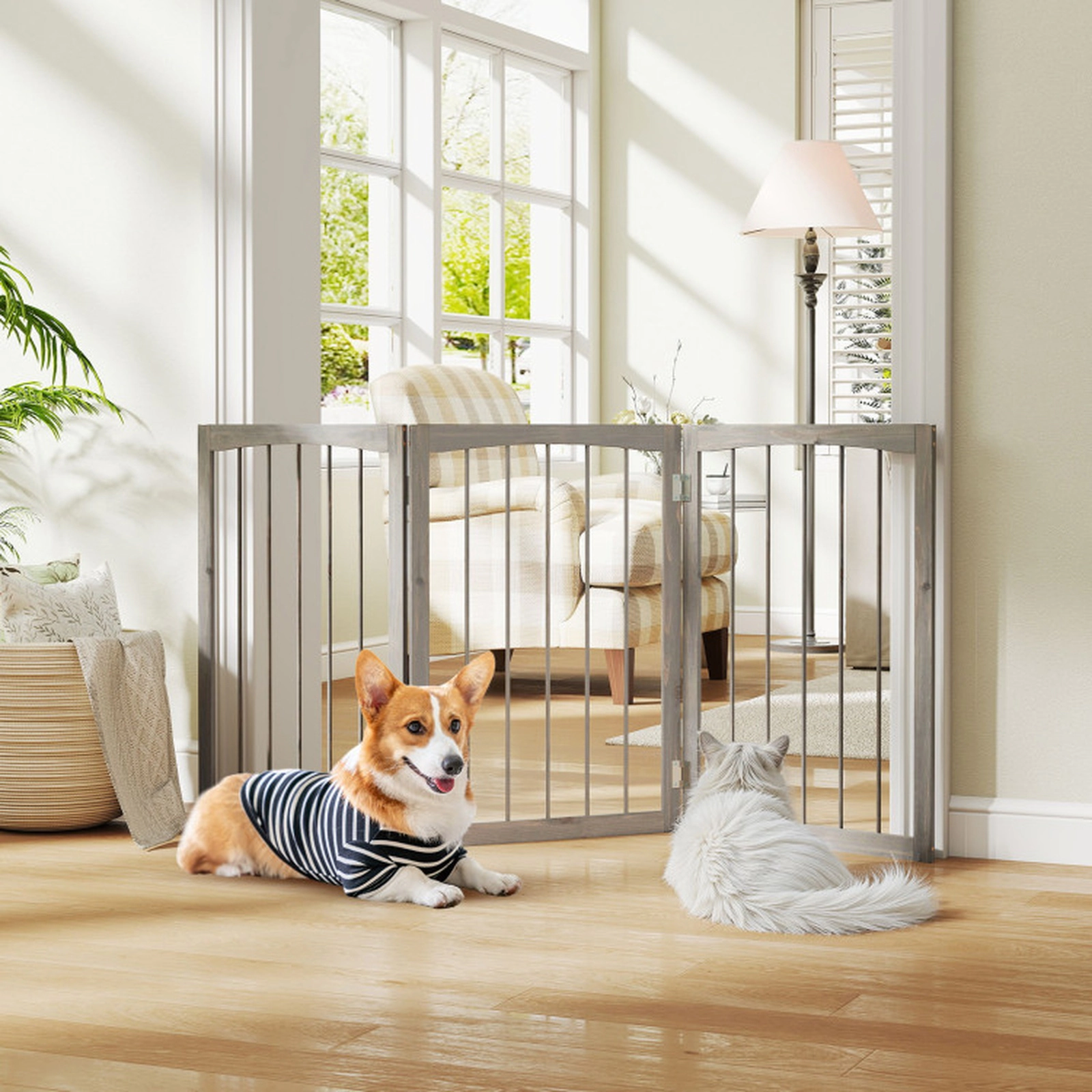 SUGIFT 30-in Tall Wooden Freestanding Pet Fence Dog Gate with 3 Rotating Panels for Cats and Small Dogs