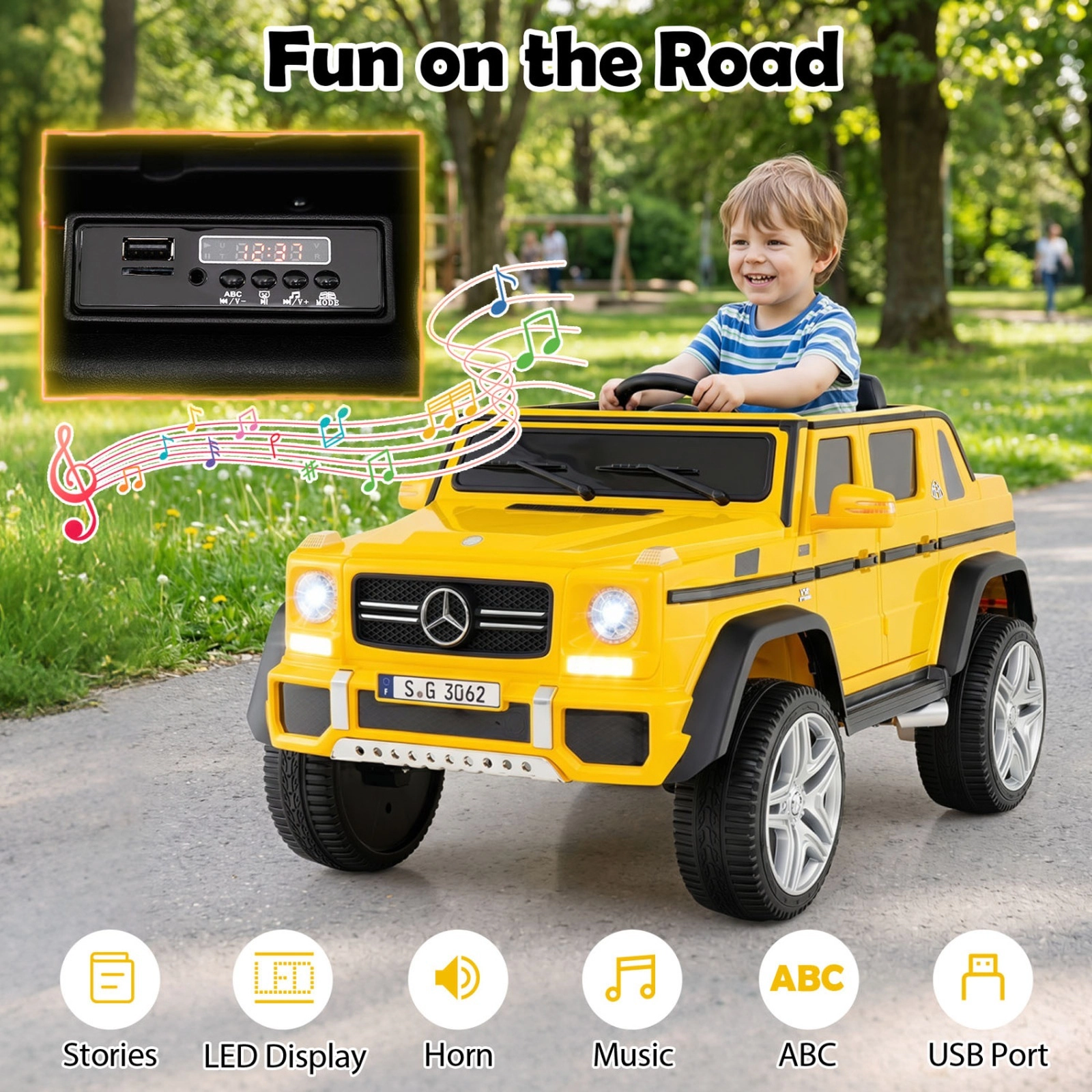 12V Kids Ride On Car Parent Remote Lockable Openable Doors 4-Wheel Spring Suspension Rear Storage Box Ages 3-6 Yellow