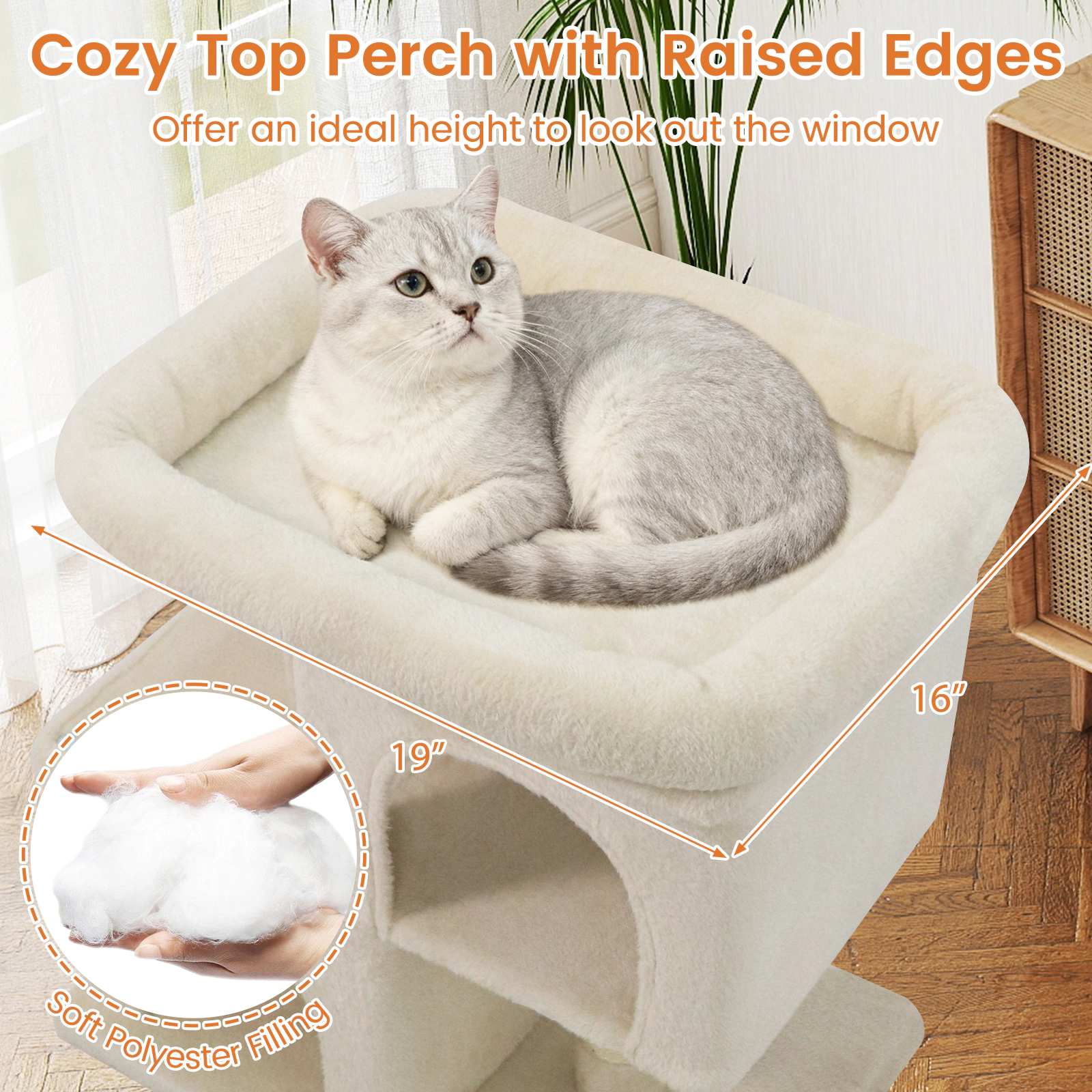 SUGIFT Space-Saving Cat Tree Tower with Upholstered Perch and 2 Cat Condos 24-in Frame 22-lb Capacity Beige
