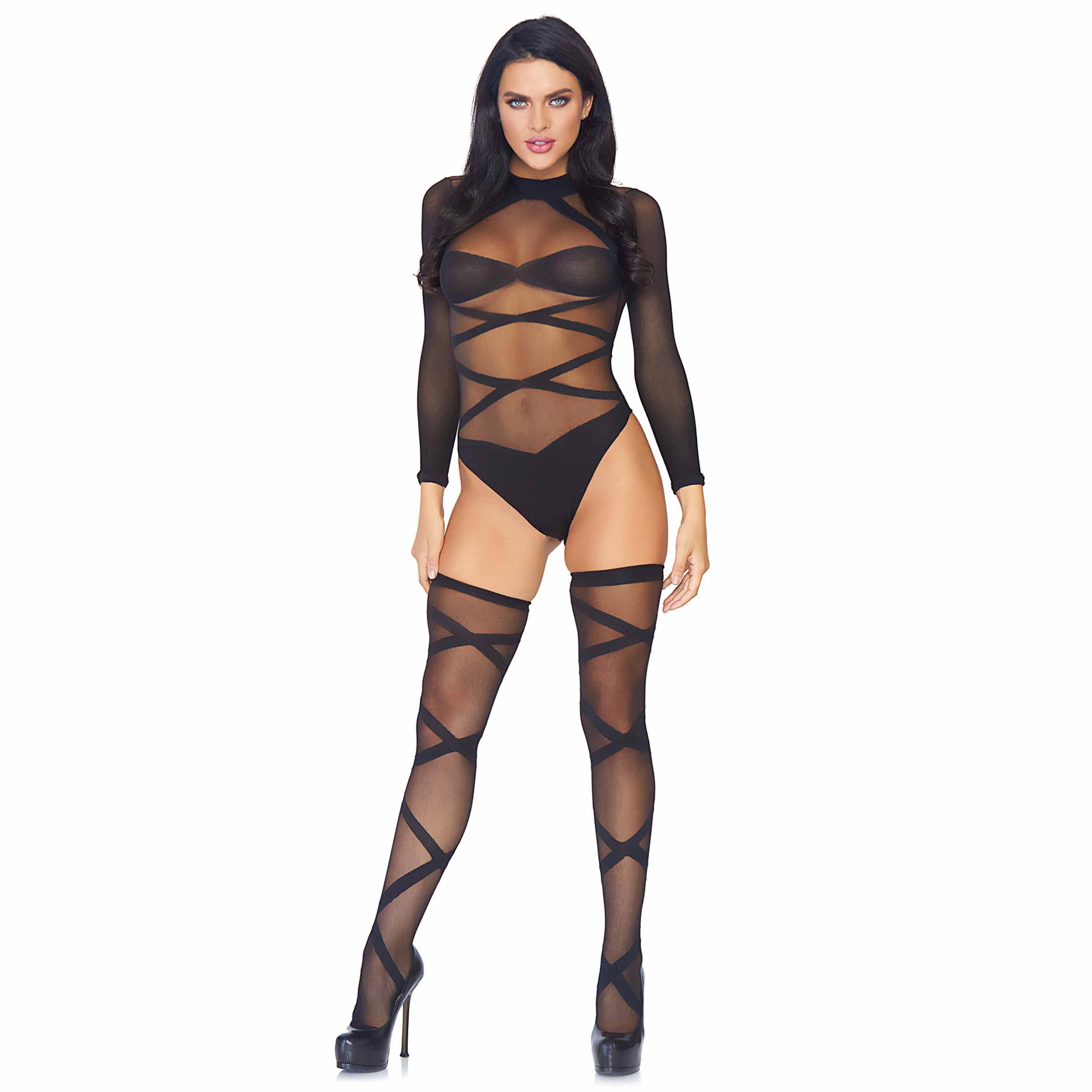Leg Avenue Women's 2-Piece Sheer Crisscross Teddy and Thigh-High Set