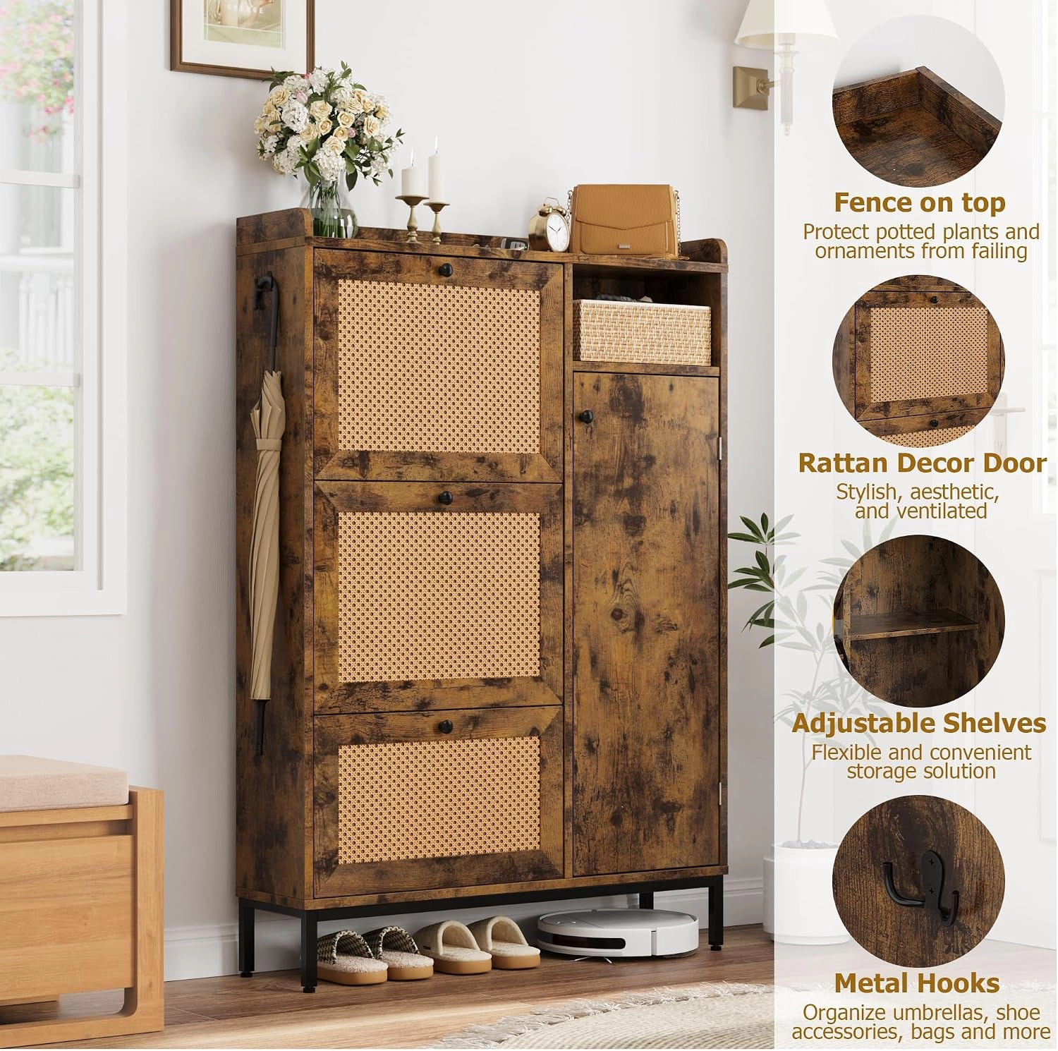 BebreezChic Rattan 4-Tier Shoe Cabinet with Flip Drawers,Brown
