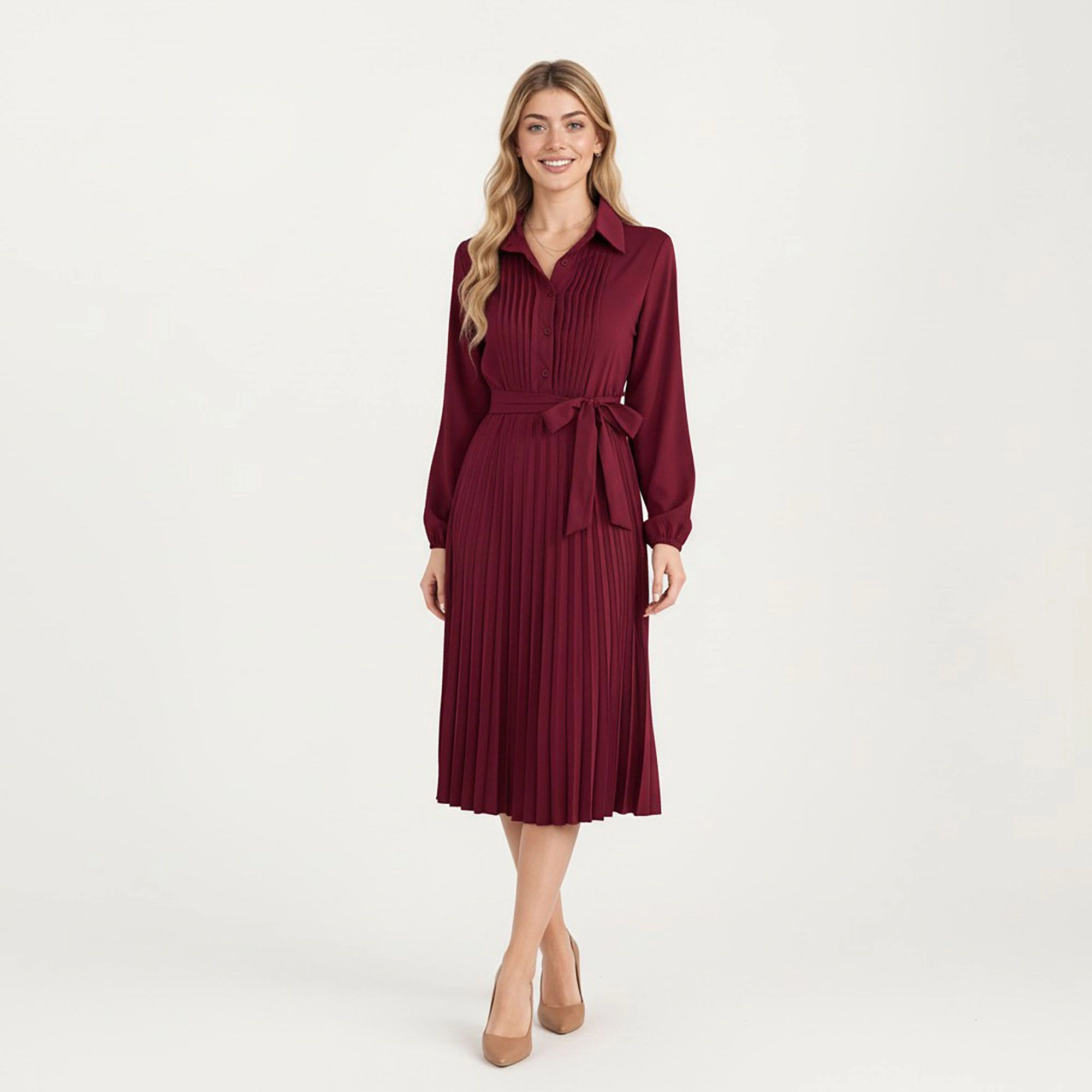 Anna-Kaci Women's Pleated Button Down Front Long Sleeve Waist Tie Midi Dress