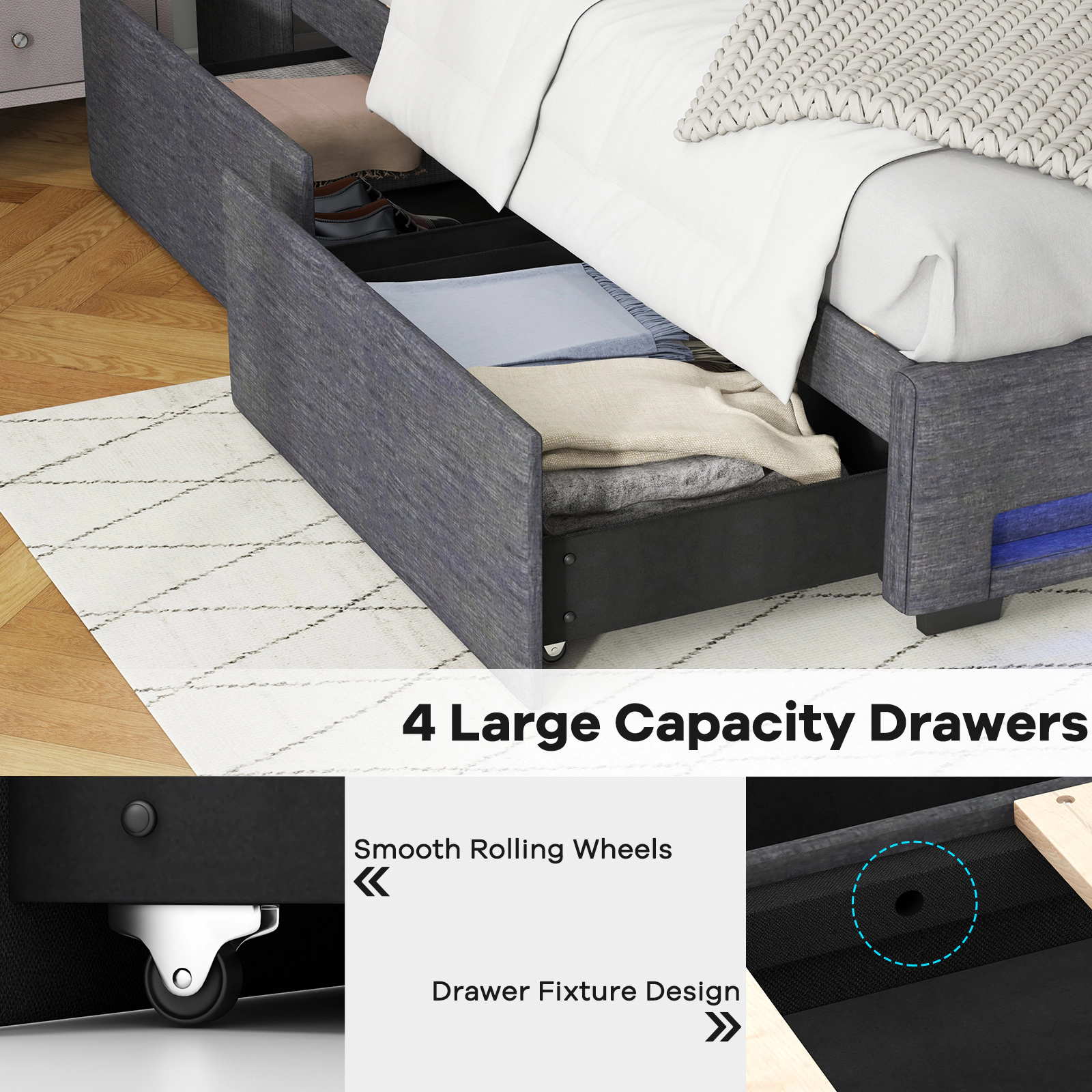 SUGIFT Full Upholstered Platform Bed with LED Lights, Tufted Wingback Headboard, Charging Station and 4 Drawers