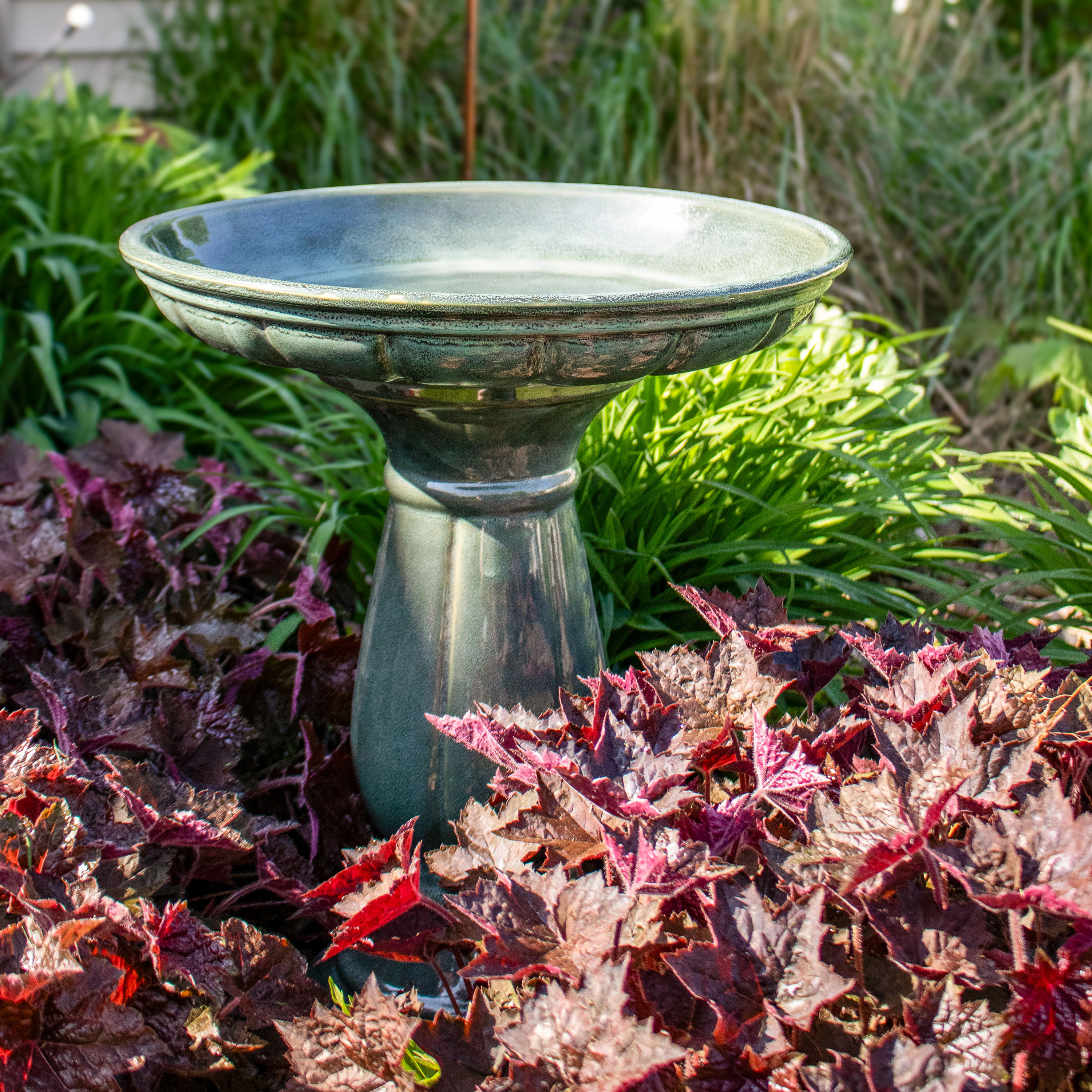 Sunnydaze Ceramic Bird Bath for Outdoors, 18” H, Green Mist