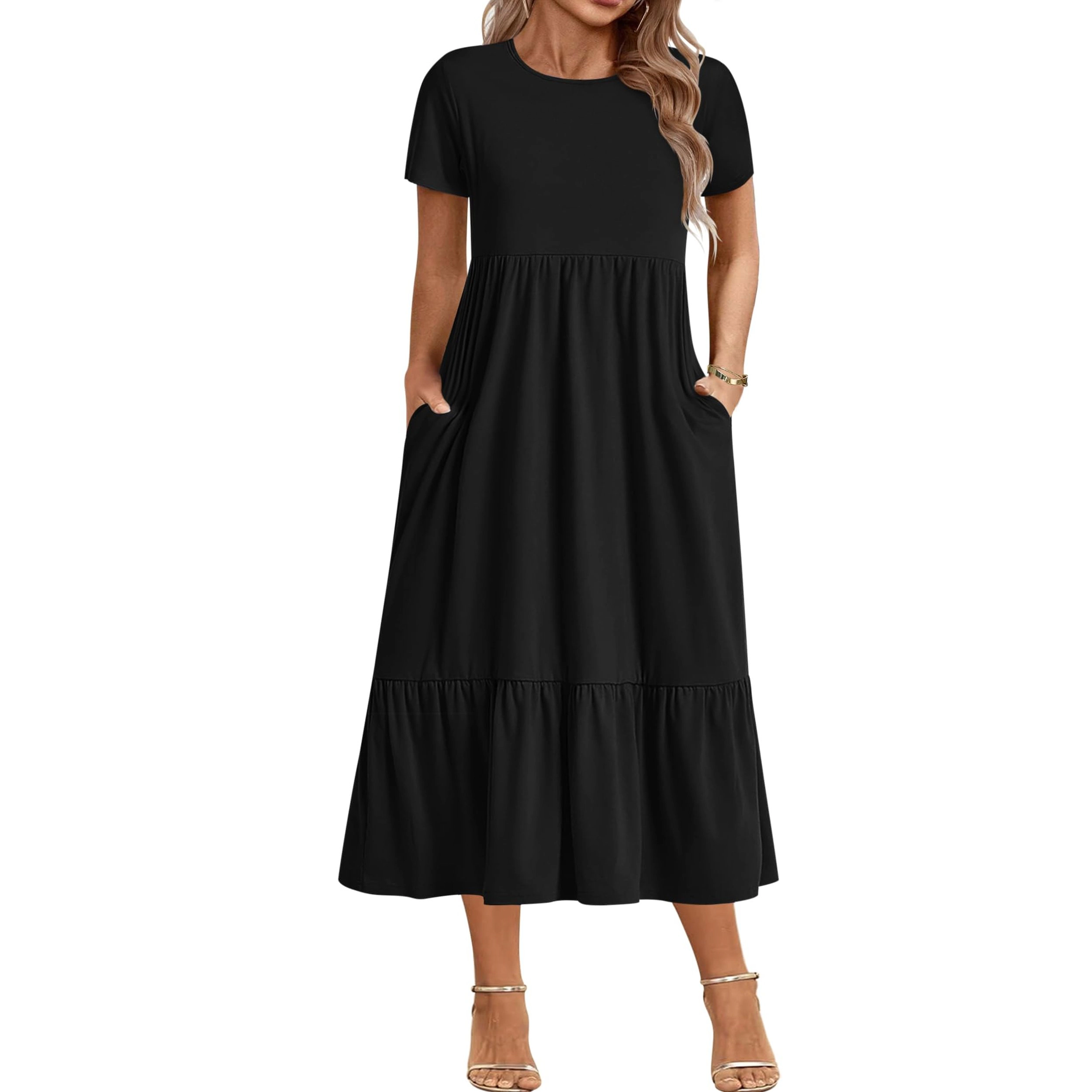 Zeagoo Women's Round Neck Short Sleeve Midi Dress