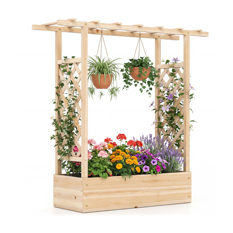 Hivvago 45 inch Tall Wooden Raised Garden Bed with Side Trellis and Hanging Roof