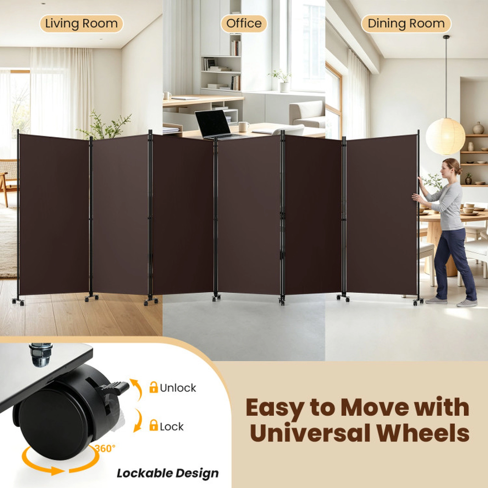 SUGIFT Coffee 6-Panel 71.5-in Tall Folding Room Divider Partition Screen on Wheels with Buckle Hinges