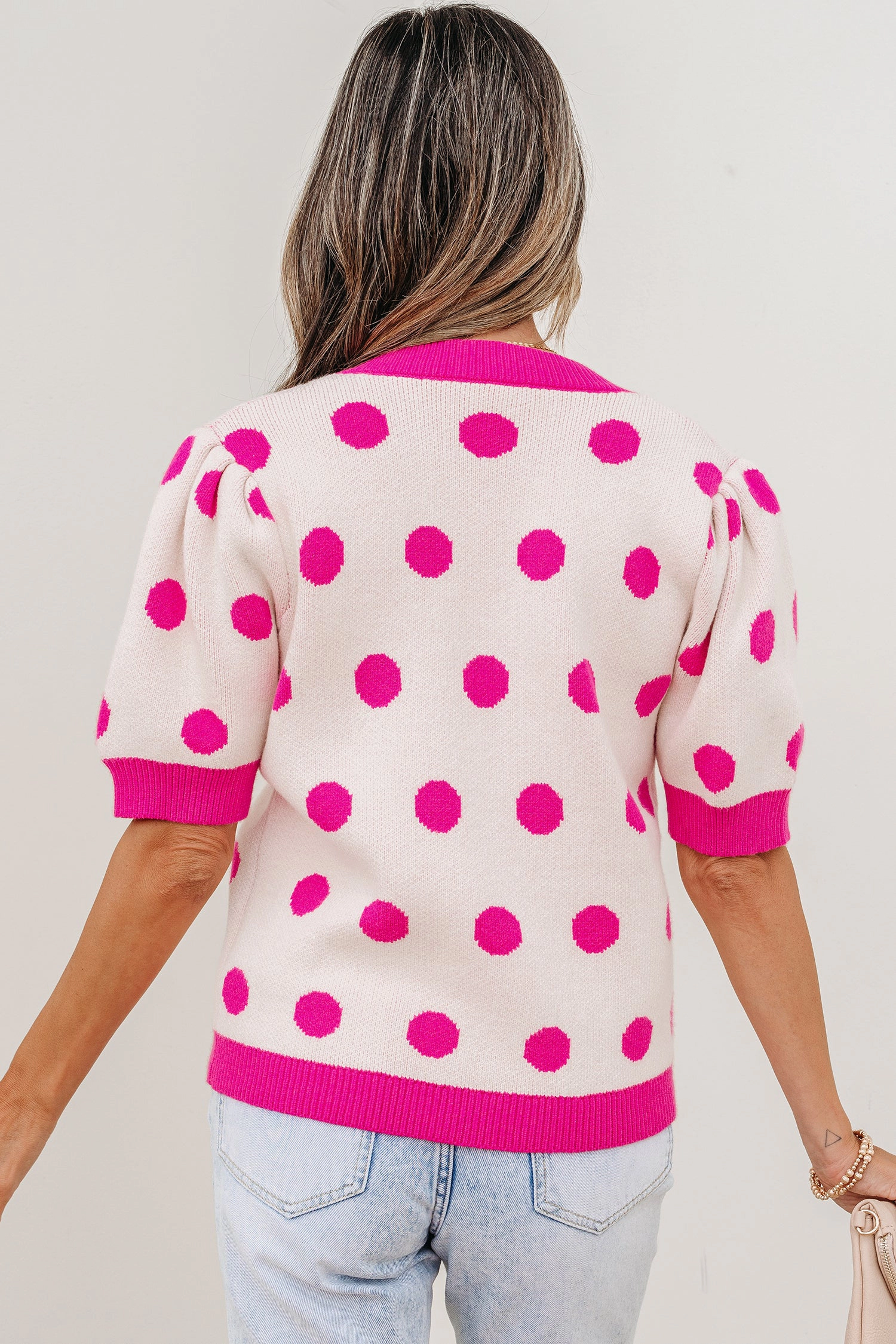 19092 Alexia Puff Short Sleeve Sweater - Pink Floral Knit