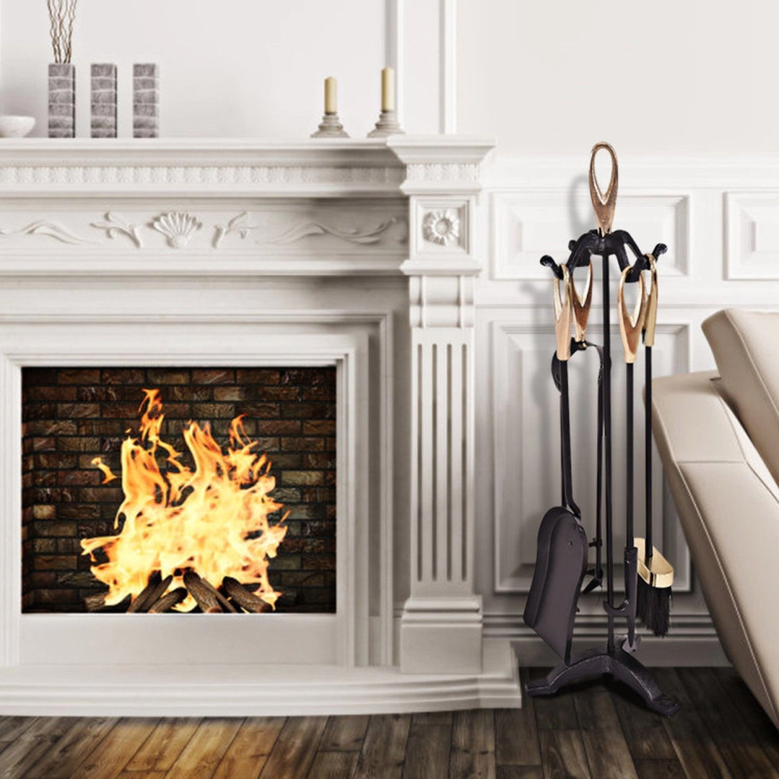 SUGIFT 5-Piece Gold and Black Iron Fireplace Tool Set with 25-Inch Loop-Top Stand