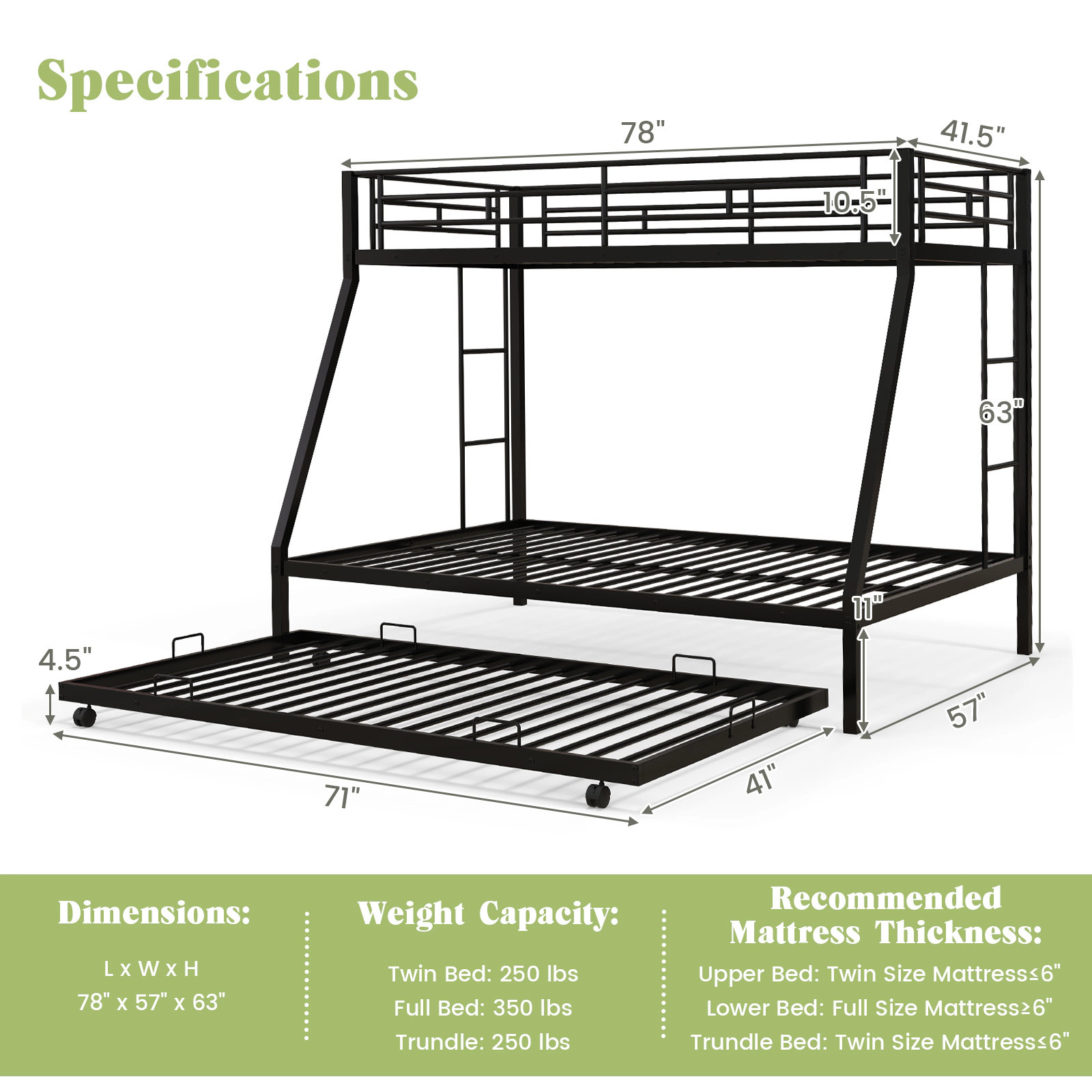 SUGIFT Black Roll-Out Trundle and Full-Length Guardrail Twin Over Full Kids Metal Bunk Bed