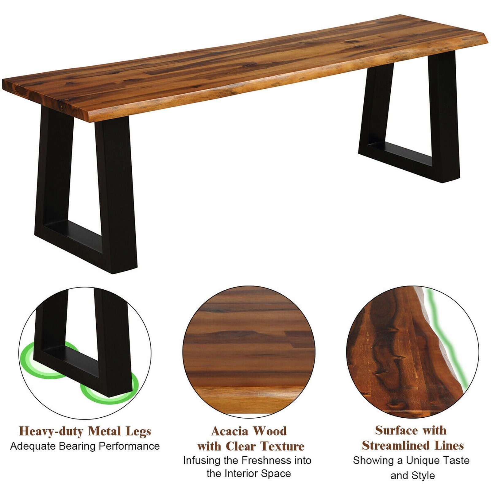 SUGIFT 57.5 in Acacia Wood Patio Bench Backless Dining Bench with Trapezium Metal Legs