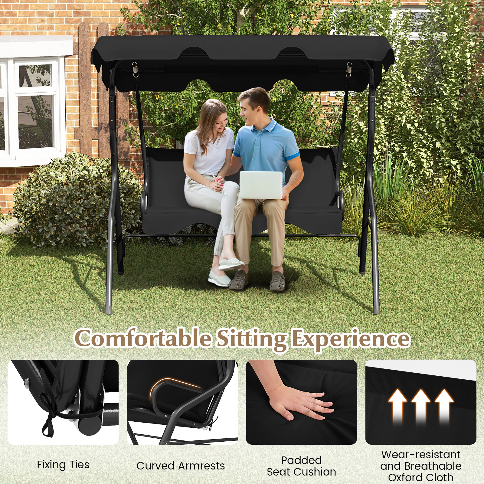 SUGIFT 3-Seat Outdoor Patio Canopy Swing with Cushion 500-lb Capacity Black