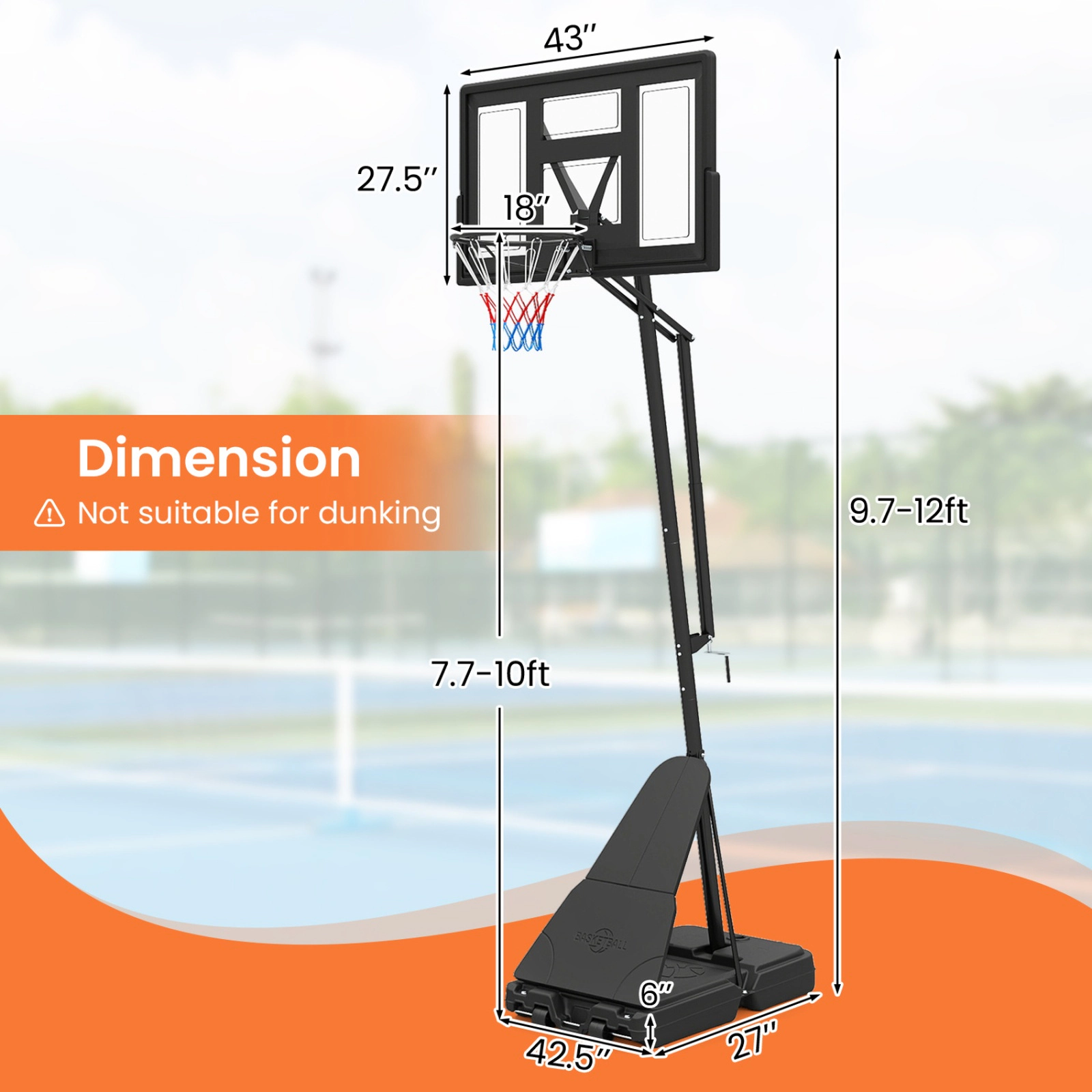SUGIFT Tool-Free Height Basketball Goal System 7.7-10 ft Rim Height with 43-in Backboard and Fillable Base Black