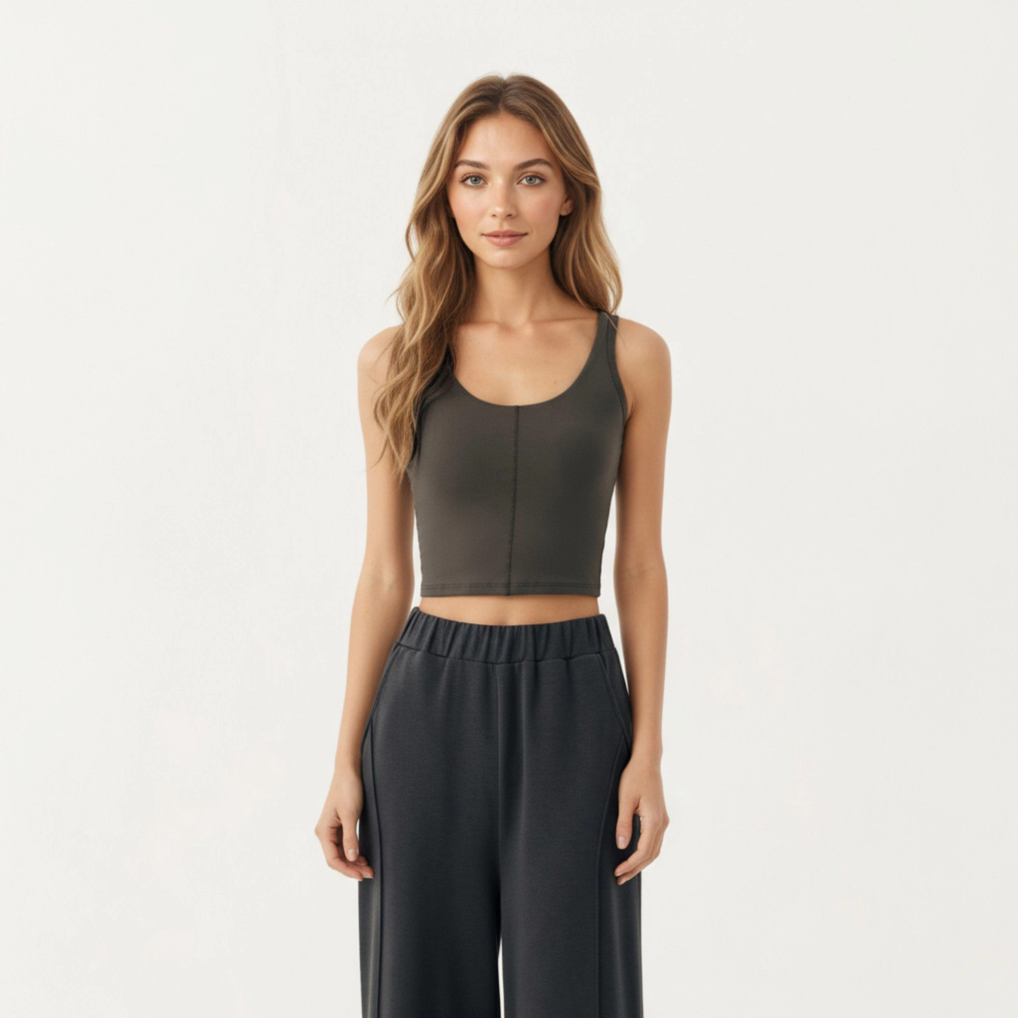 Anna-Kaci Women's Ribbed Cropped Active Tank Top with Soft Stretch Fabric Scoop Neckline Contoured Seam Detail