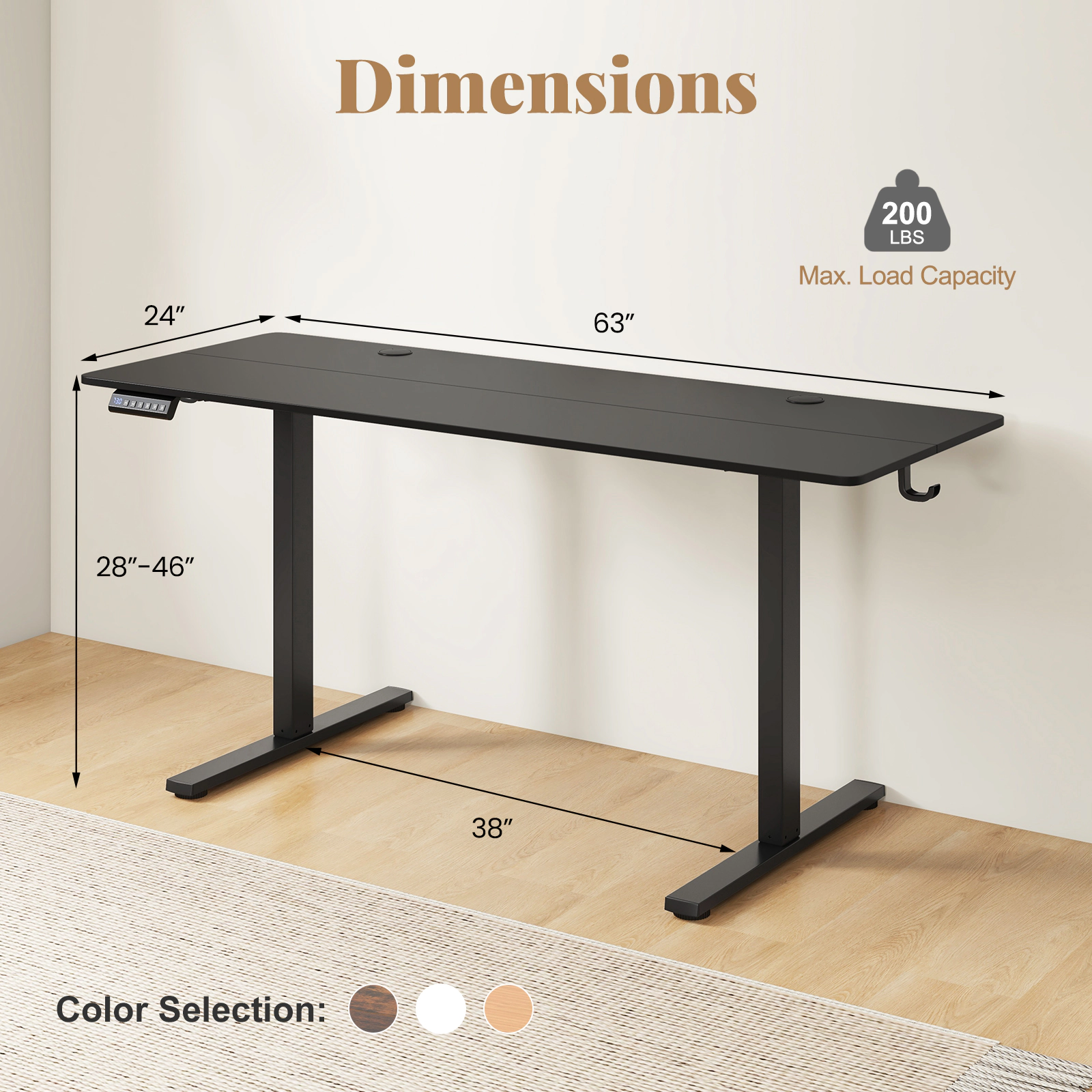 SUGIFT Electric Standing Desk with 3 Memory Heights 200-Lb Capacity with Hooks and Cable Holes Black