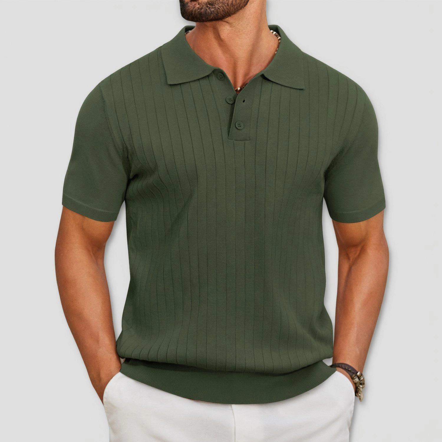 COOFANDY Burgundy Ribbed Polo Shirt Short Sleeve Button Collar Casual Tops