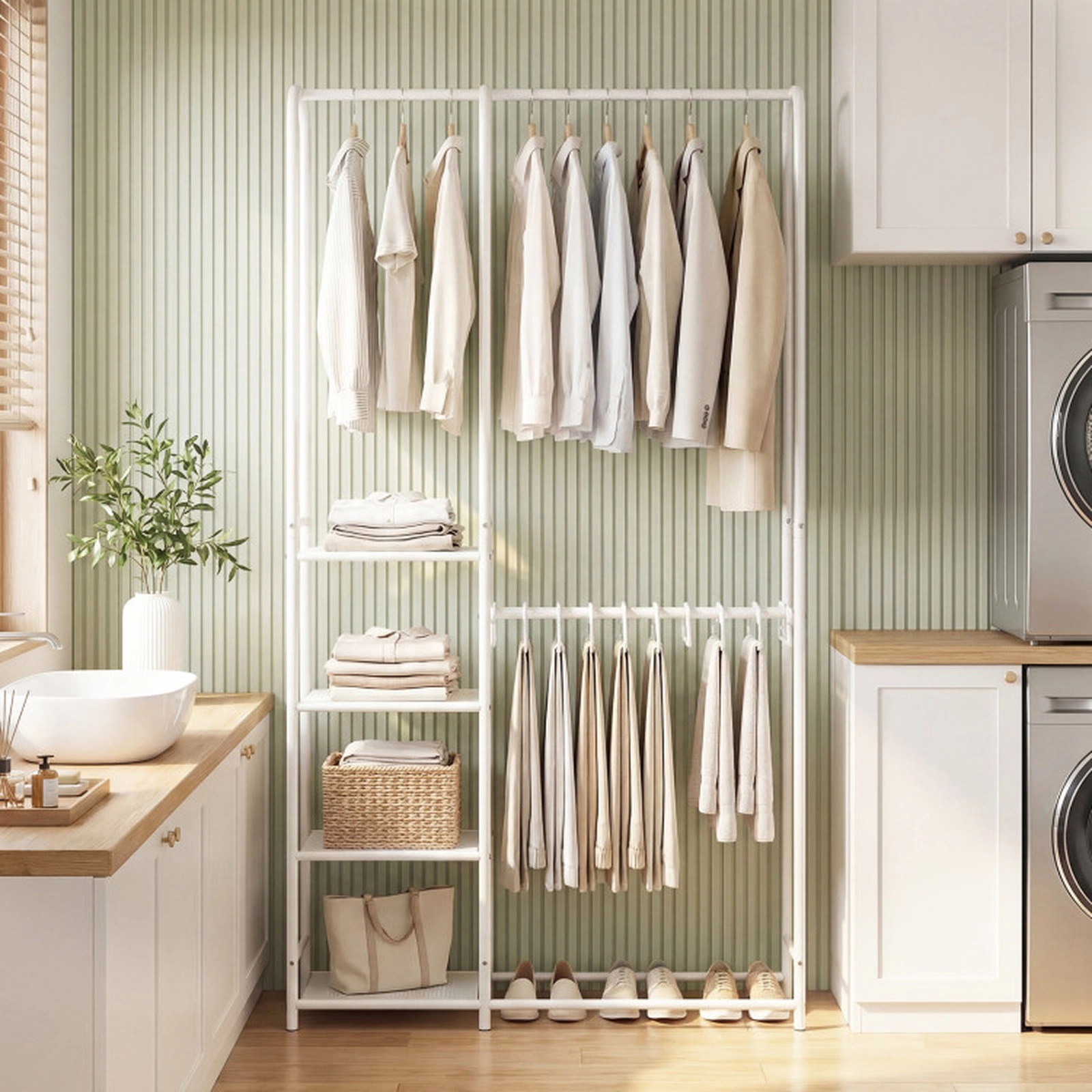 SUGIFT 63-in 120-lb Capacity White Portable Closet with 2 Hanging Rods 4 Storage Shelves and Pants Hangers