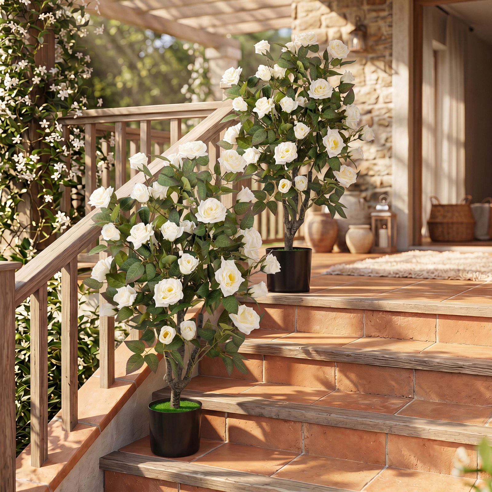 SUGIFT Set of 2 Artificial Rose Trees with Blooming Flowers in 6 x 5 in Pots 35.5-in Tall Indoor White and Green