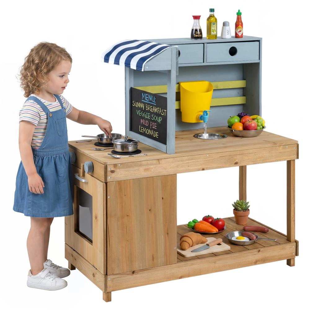 Hivvago Fir Wood Kids Kitchen Playset with Canopy and Faucet