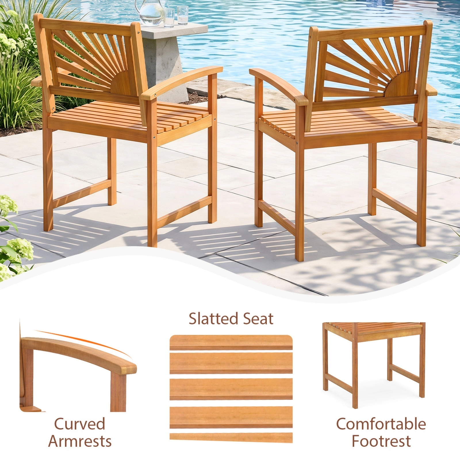 SUGIFT Set of 2 Outdoor Acacia Wood Dining Chairs, Curved Arms, Slatted Seats, 18 in Seat Height