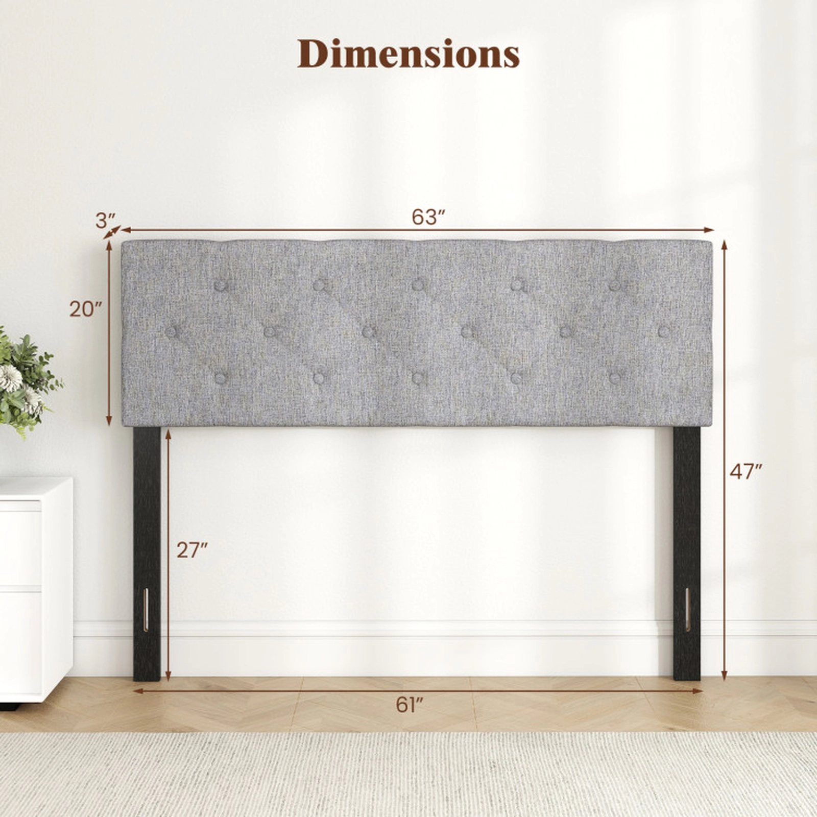 SUGIFT Tufted Faux Linen Panel Headboard for Full/Queen Beds 47-in Tall 63-in Wide Adjustable 55-in Leg Width Beige