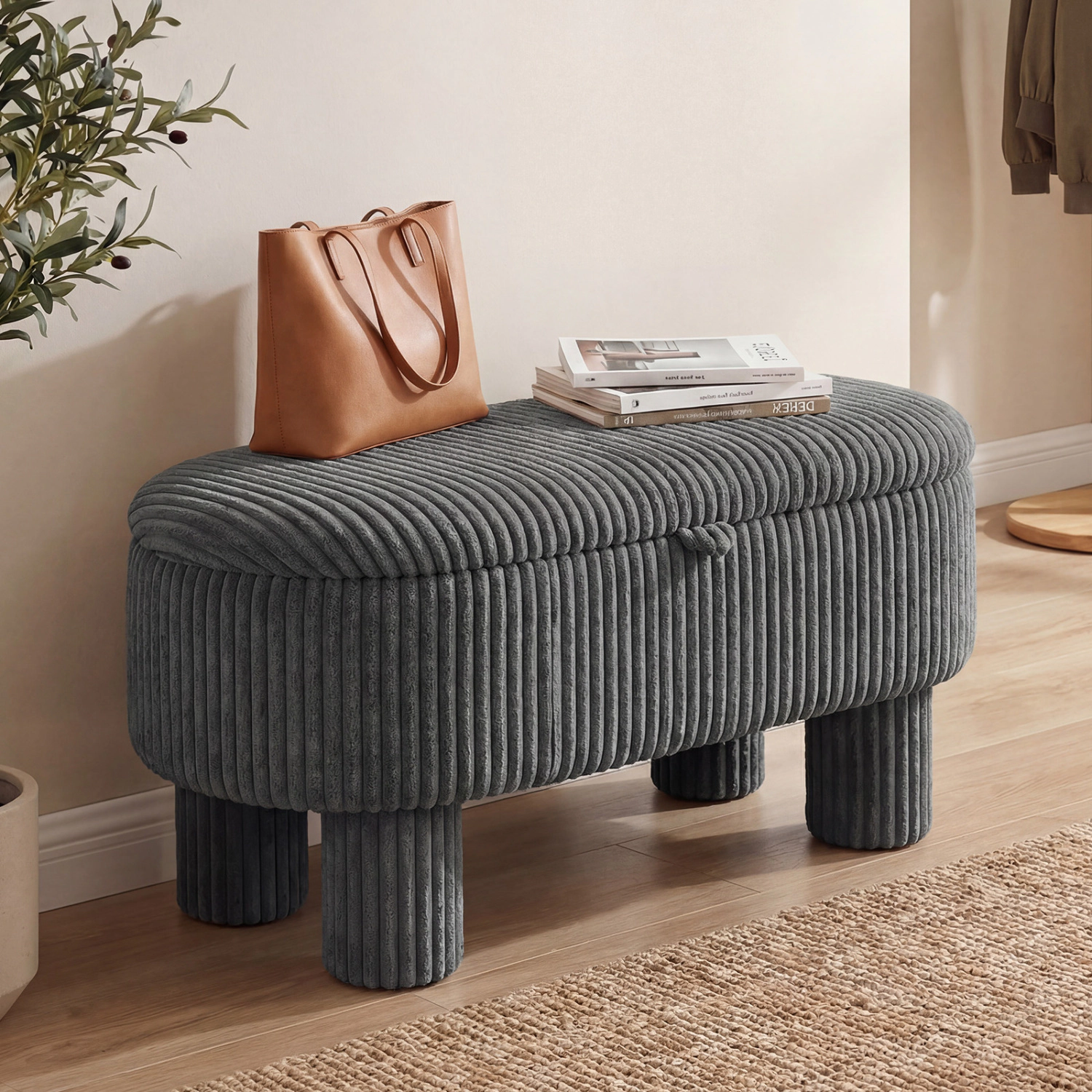 SUGIFT Gray Lifting Strap 42-in Corduroy Storage Ottoman Bench Upholstered Foot Stool
