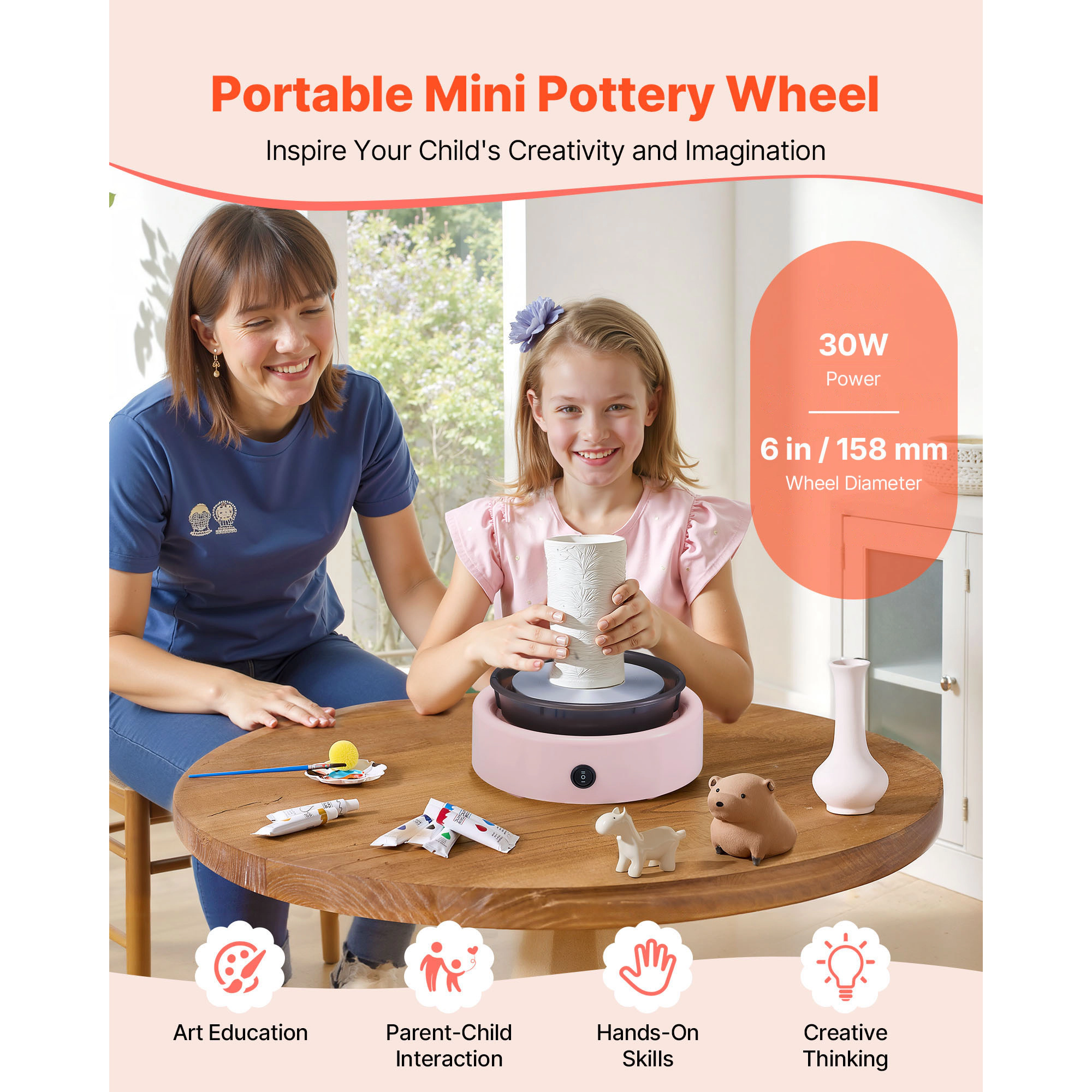HONGGE Mini Pottery Wheel 6 inch Turntable Forward and Reverse Rotation Adjustable Speed Electric Clay Wheel for Kids