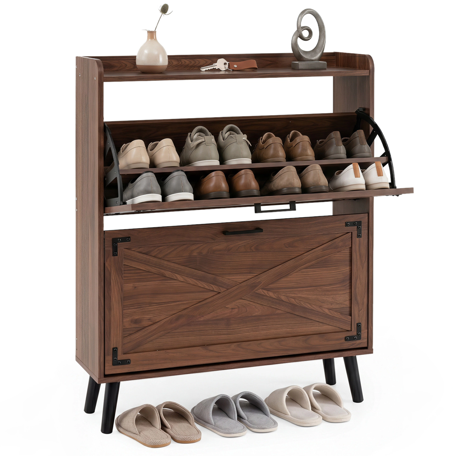 Glintex Narrow Barn Door Shoe Cabinet with 2 Flip Drawers and Anti-Falling Baffle, Brown