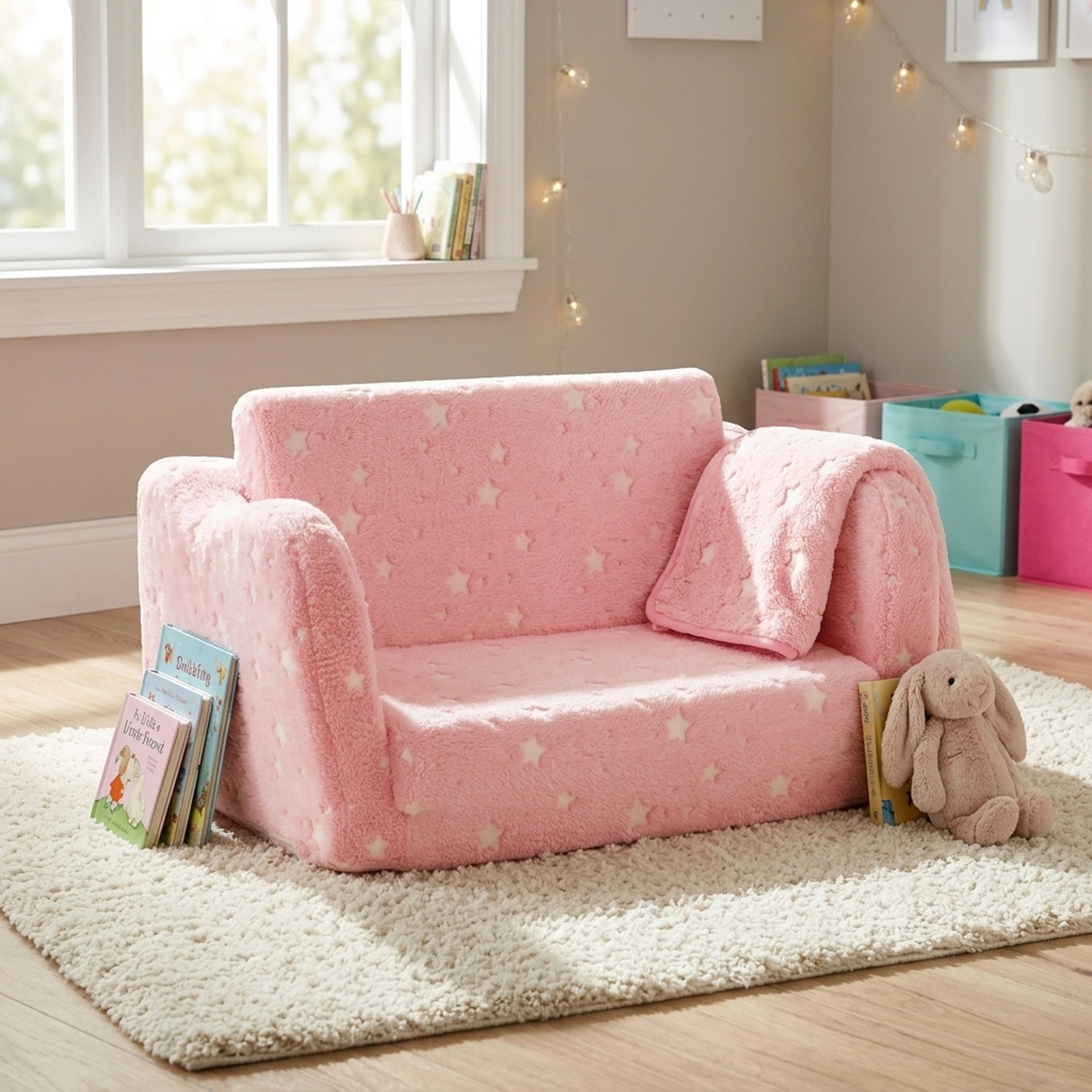 2-in-1 Folding Kids Couch Toddler Fold Out Sofa Bed with Glow in the Dark Print Blanket Included and OEKO-TEX Pink