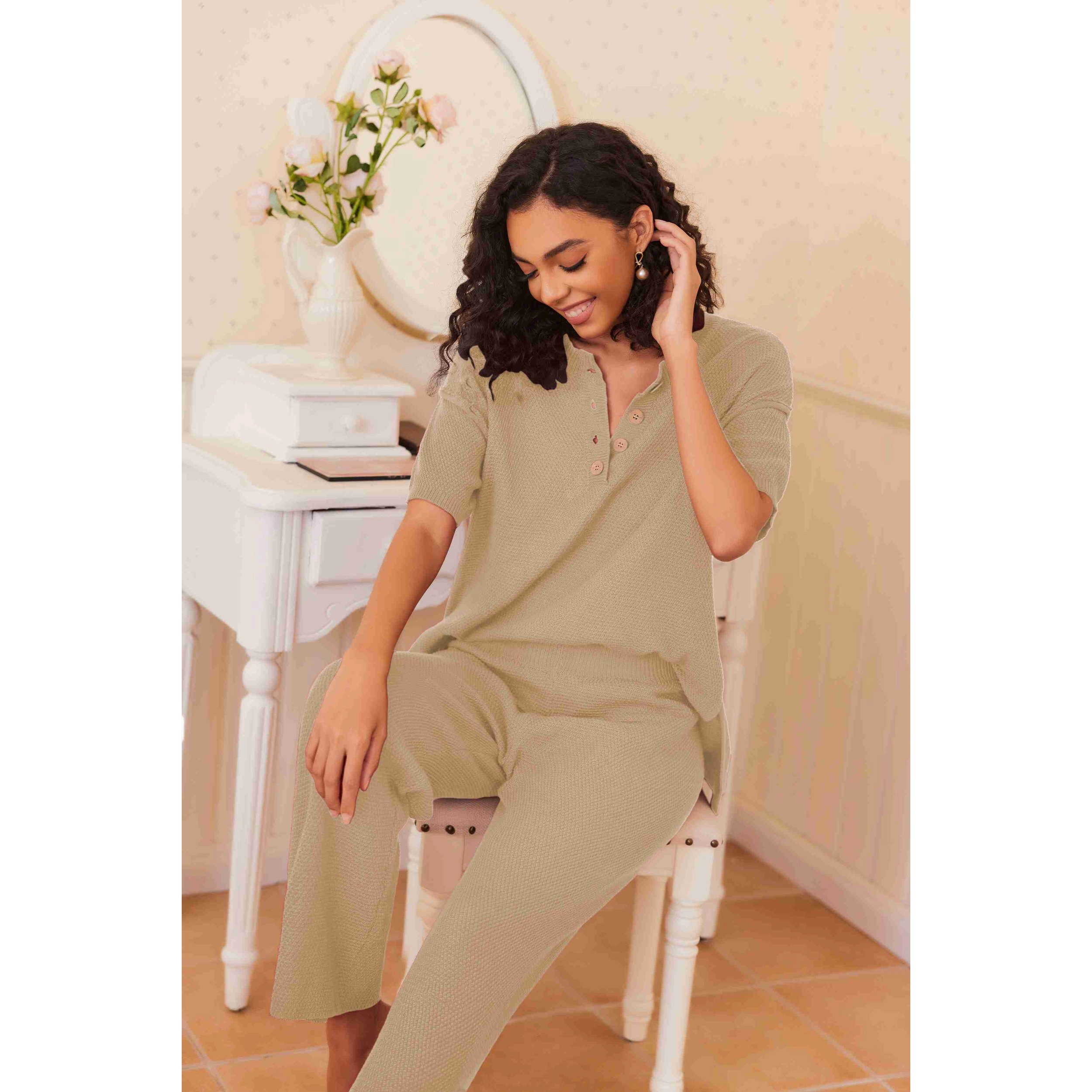 Ekouaer Women’s Knit Lounge Set Pullover Top and Wide Leg Pants