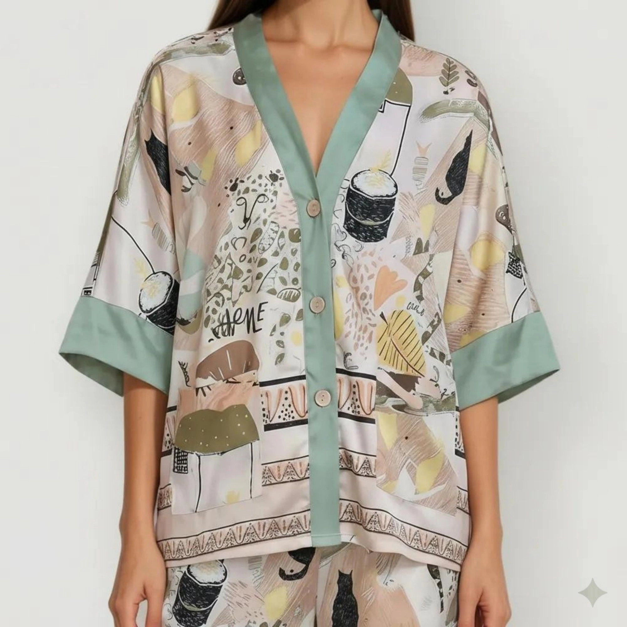 Anna-Kaci Women's Animal Print Pajama Set with Short Sleeves Button Up Top and Contrast Trim Shorts