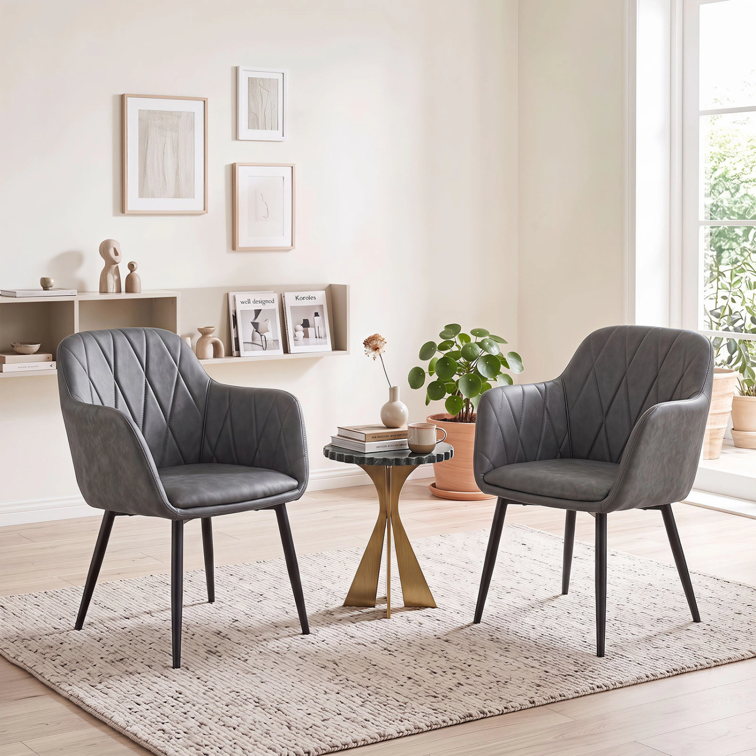 LJG Upholstered PU Leather Kitchen Chairs Set of 2 with Curved Back and Wide Seat