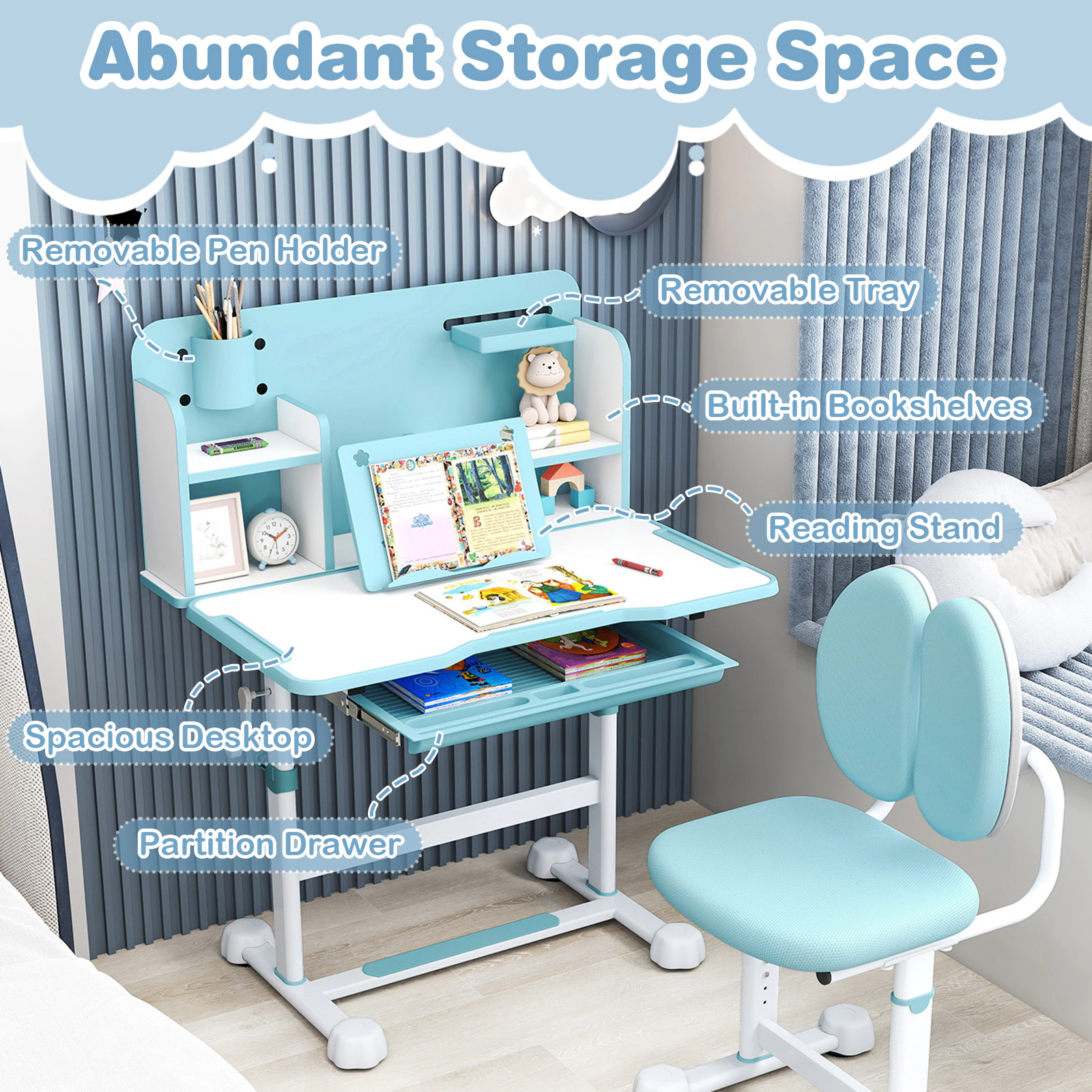 SUGIFT Tilting Kids Study Desk and Chair Set 176-lb Desktop Capacity 220-lb Chair Capacity Ages 3+ Blue/Gray