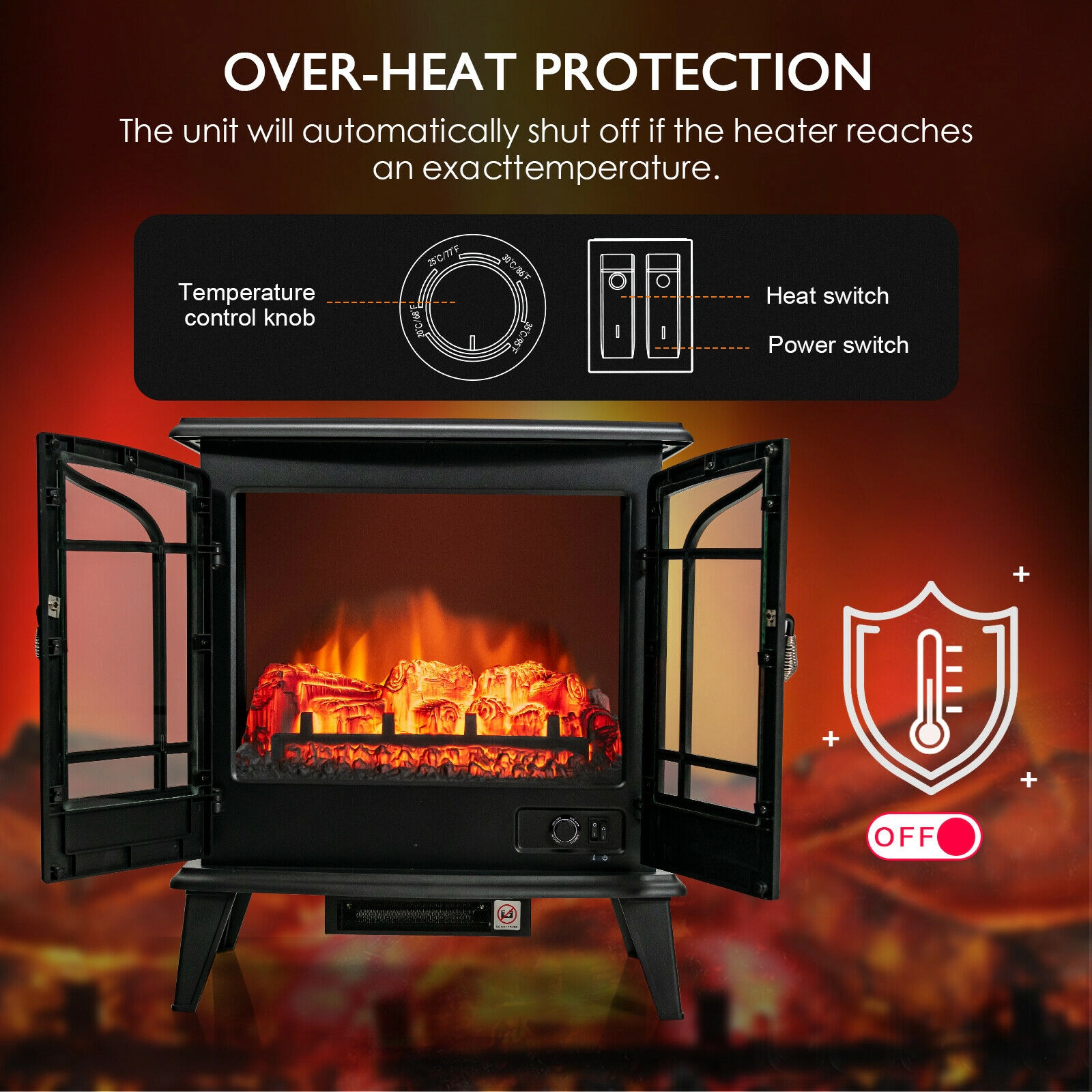 SUGIFT 25-in Freestanding Electric Fireplace Heater with Realistic Flame Effect 1400W Adjustable Thermostat Black