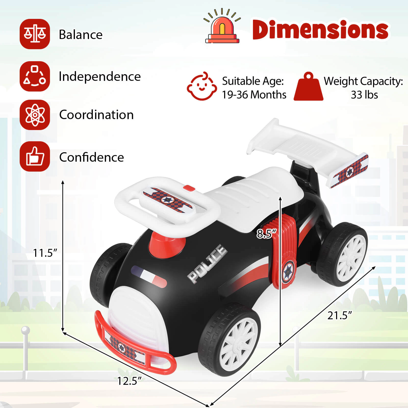 Costway Kids Ride On Push Car with Music Under-Seat Storage Universal Wheels for Boys Girls Black & White