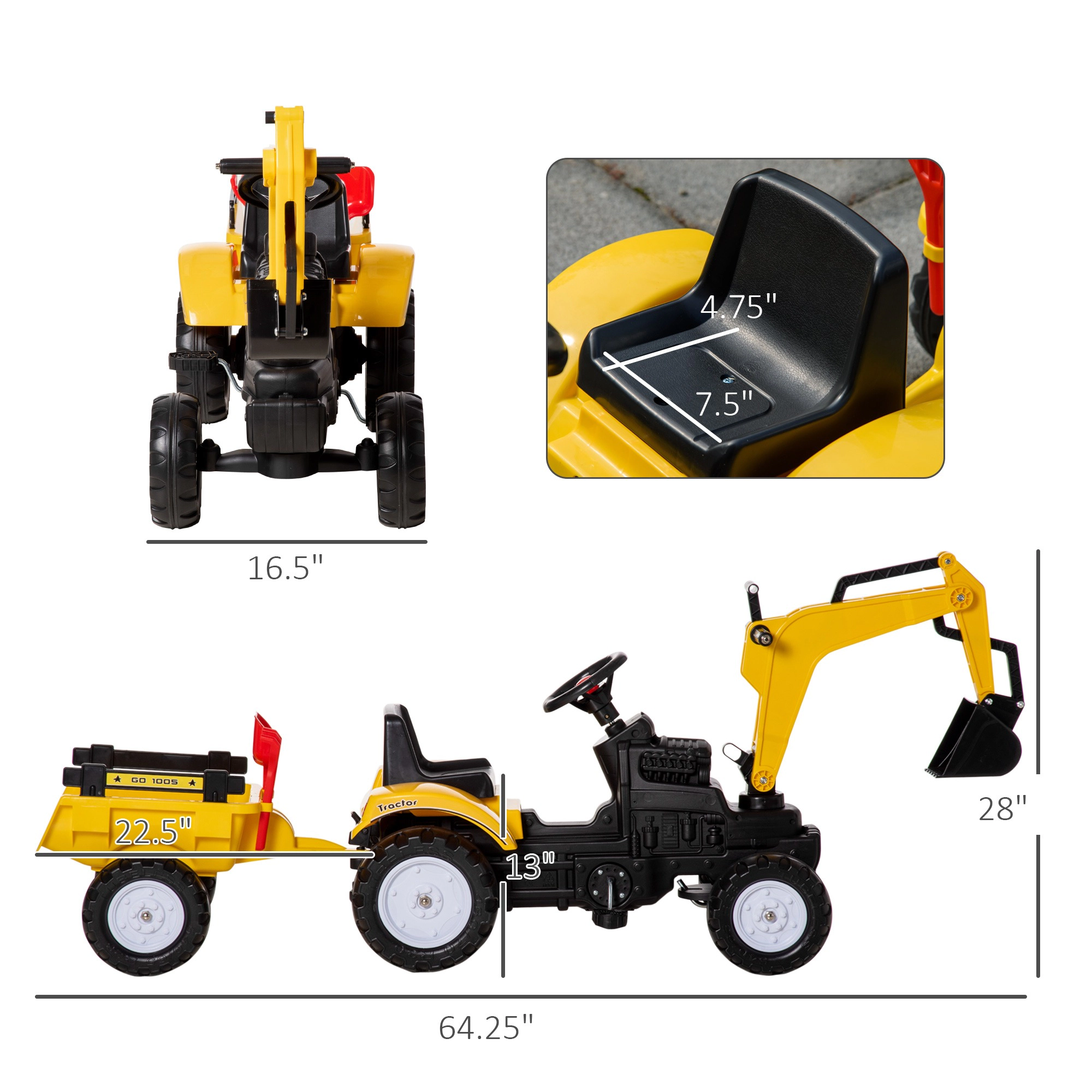 HONGGE Yellow Pedal Ride-On Excavator Digger Truck for Kids with Detachable Trailer, Ages 3-6, Holds up to 77 lbs