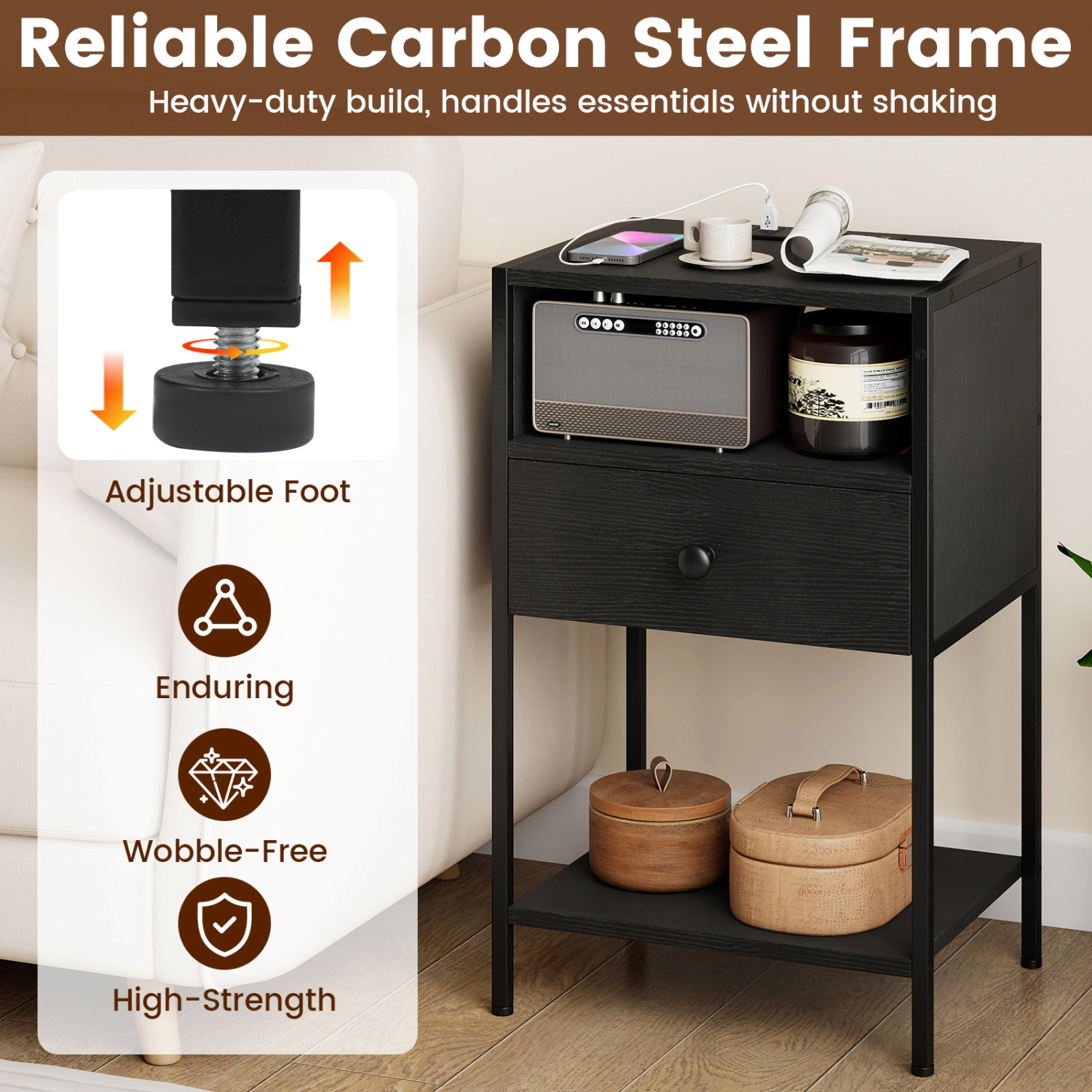 Hivvago Nightstand with Charging Station Bedside Table USB Ports and Outlets