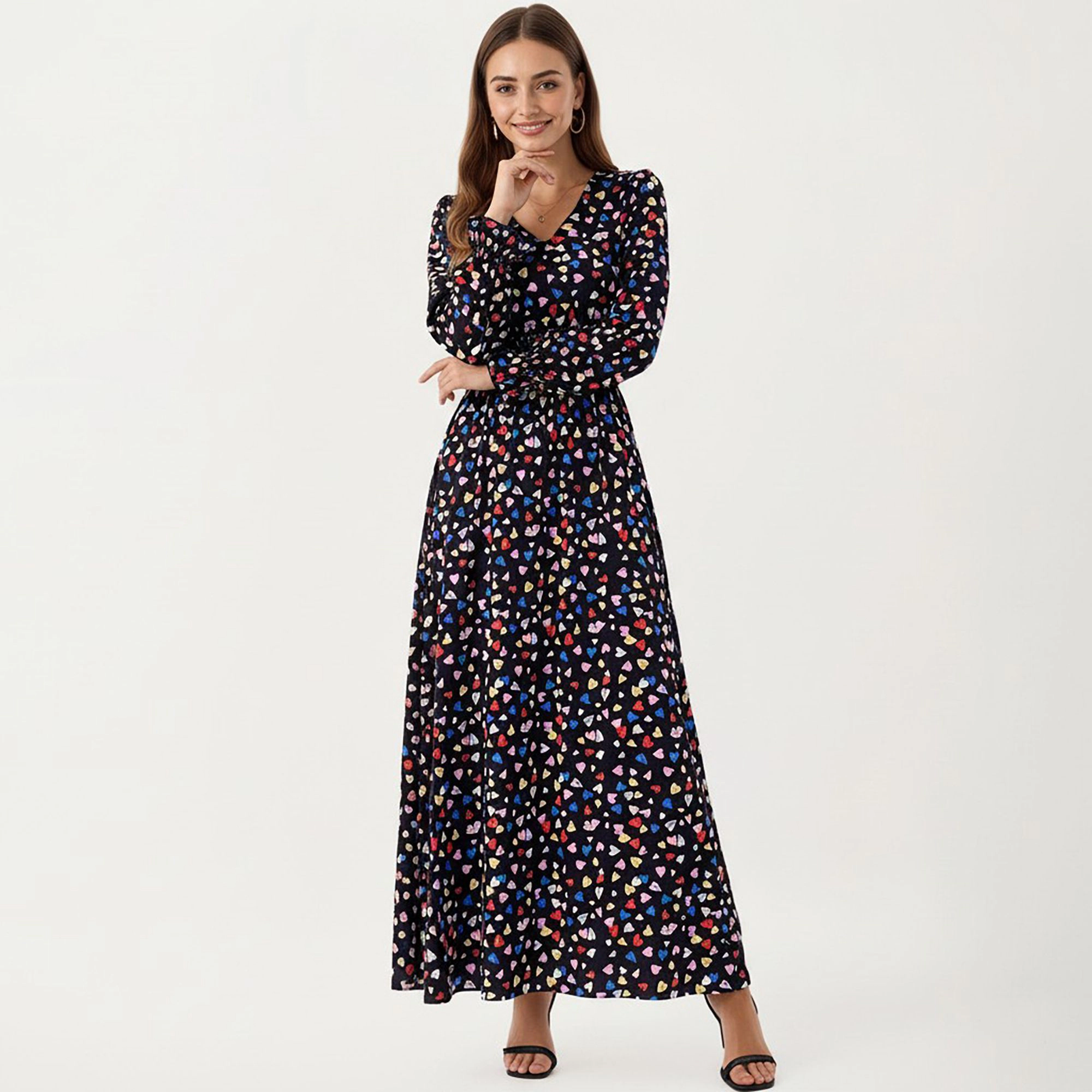 Anna-Kaci Womens Floral V-Neck Long Sleeve Maxi Dress with Ruffle Cuffs