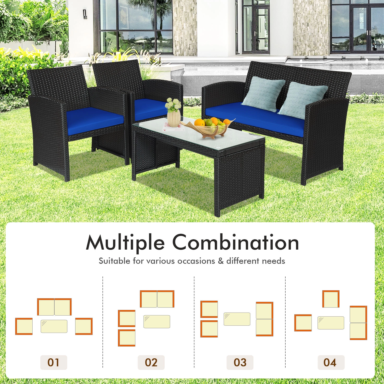 SUGIFT 4-Piece Black PE Rattan Patio Set with Loveseat, 2 Sofas and Glass Table