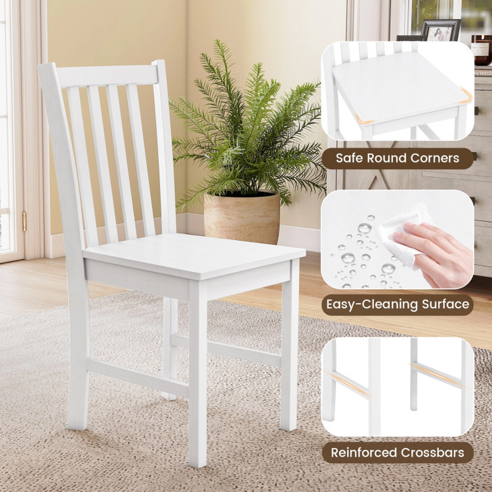 SUGIFT Rustic Rubber Wood Dining Chairs Set of 2 Wooden Kitchen Chairs with Slat Tilt Backrest 330-lb Capacity White