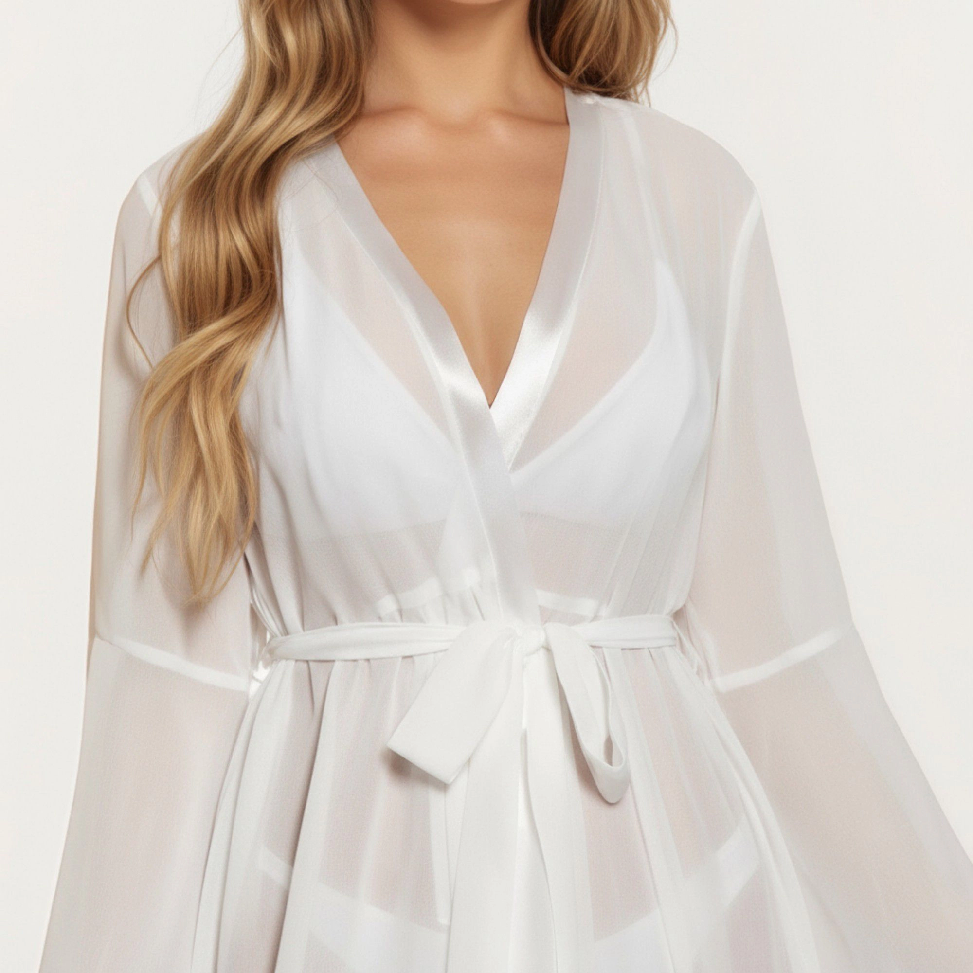 Anna-Kaci Women's Long Satin Robe with Sheer Bell Sleeves and Ruffle Trim Hem