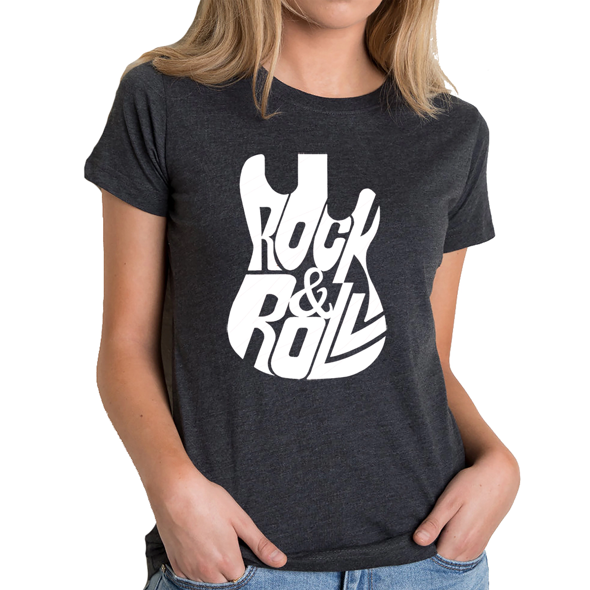 LA Pop Art Women's Cotton/Poly Blend Word T-Shirt - Rock And Roll Guitar