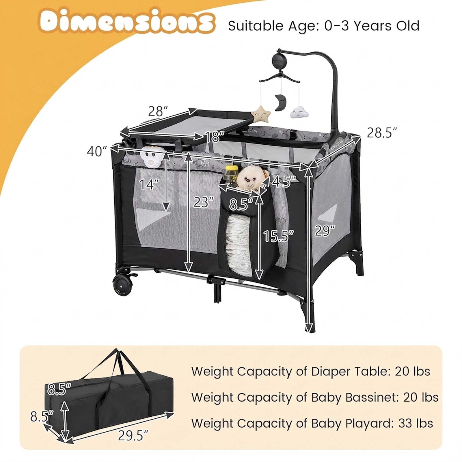 SUGIFT Baby 3-in-1 Bassinet Diaper Changing Table Music Box Foldable Playard 40-in x 28.5-in x 29-in Ages 0-3 Gray