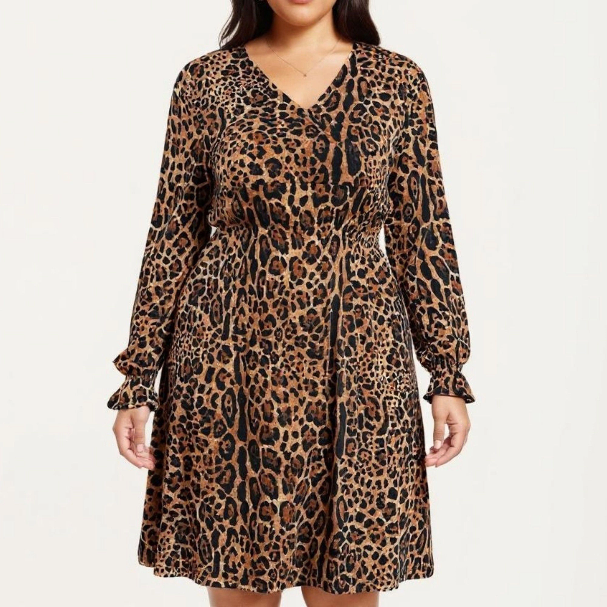 Anna-Kaci Women's Long Sleeve Leopard Print V Neck Elastic Waist Flowy A Line Fit Casual Midi Dress