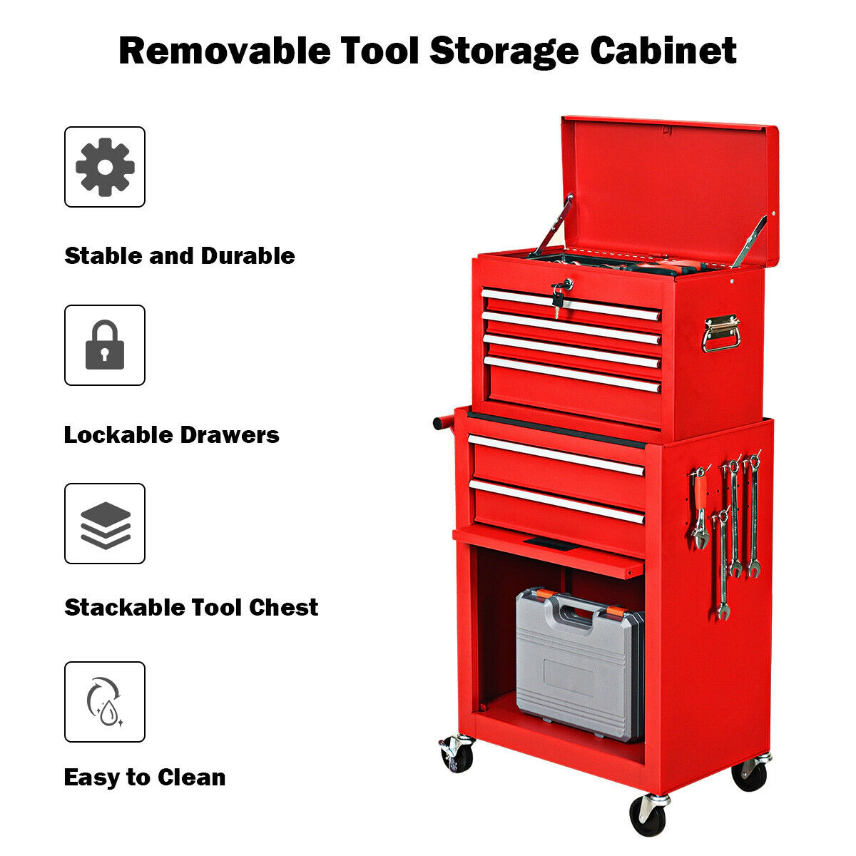 SUGIFT Rolling Tool Chest and Cabinet Combo with Lockable EVA-Lined Drawers 4 Hooks and Side Handle