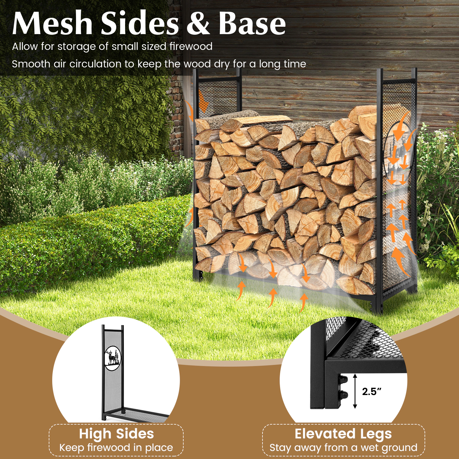 SUGIFT 4 Feet Mesh Firewood Rack Stand 300-lb Capacity Metal Log Holder with 48-in Wide Frame and 41-in High Sides Black