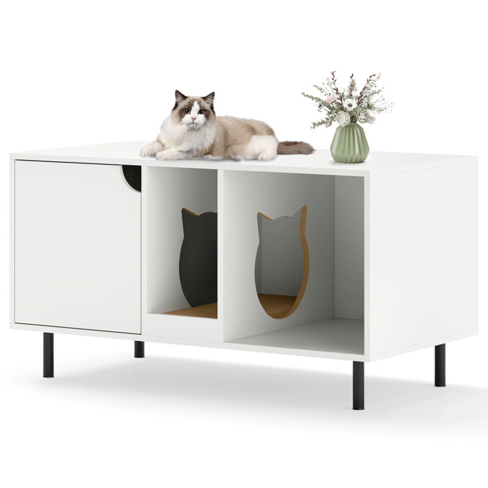 SUGIFT 40 x 22-in White Large 2-Cat Hidden Cat Washroom Litter Box Cabinet with Winding Entry and Open Bay