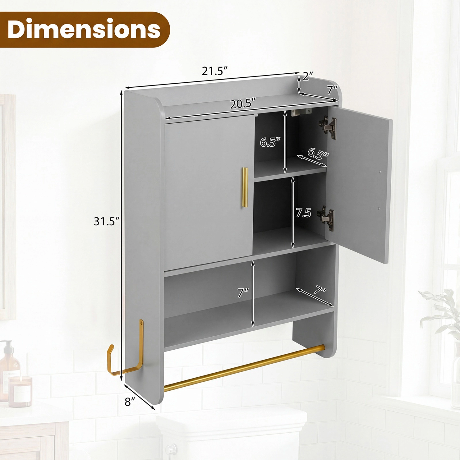 SUGIFT 2-Door Double Towel Bars 3-Height Shelf Bathroom Medicine Cabinet 21.5-in x 8-in x 31.5-in 22-lb per Tier Gray