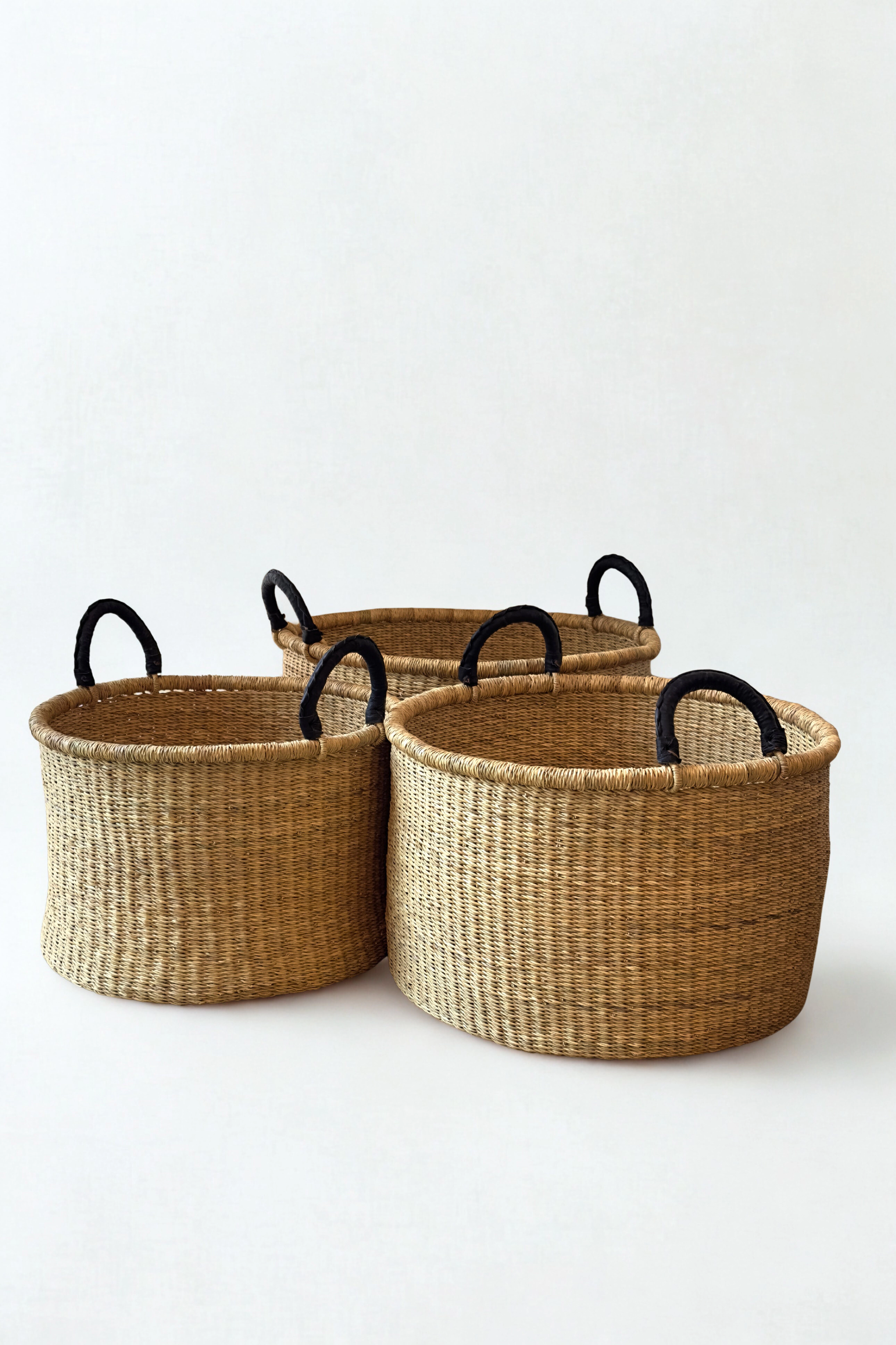 Mbare Set of 3 Handwoven Short Hampers with Leather Handles