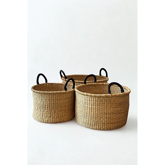 Mbare Set of 3 Handwoven Short Hampers with Leather Handles